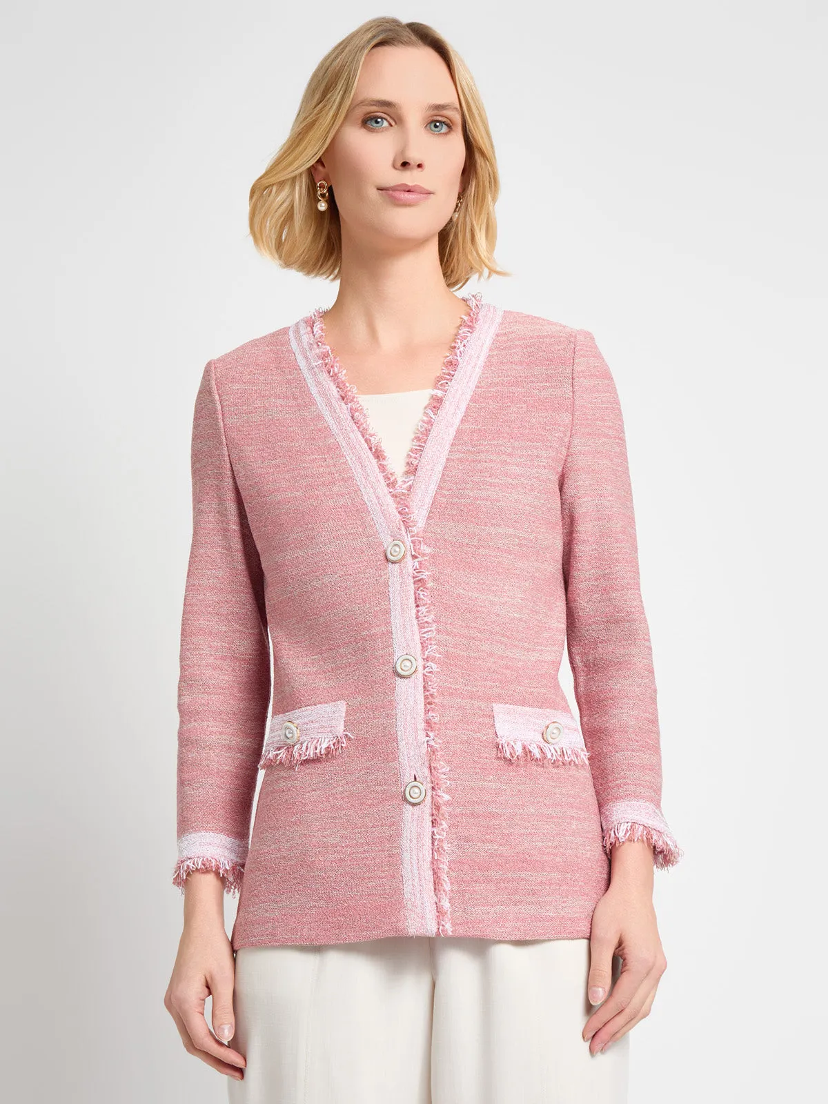 snag resistant Heritage Fringe Trim Melange Knit Jacket - True Fit
