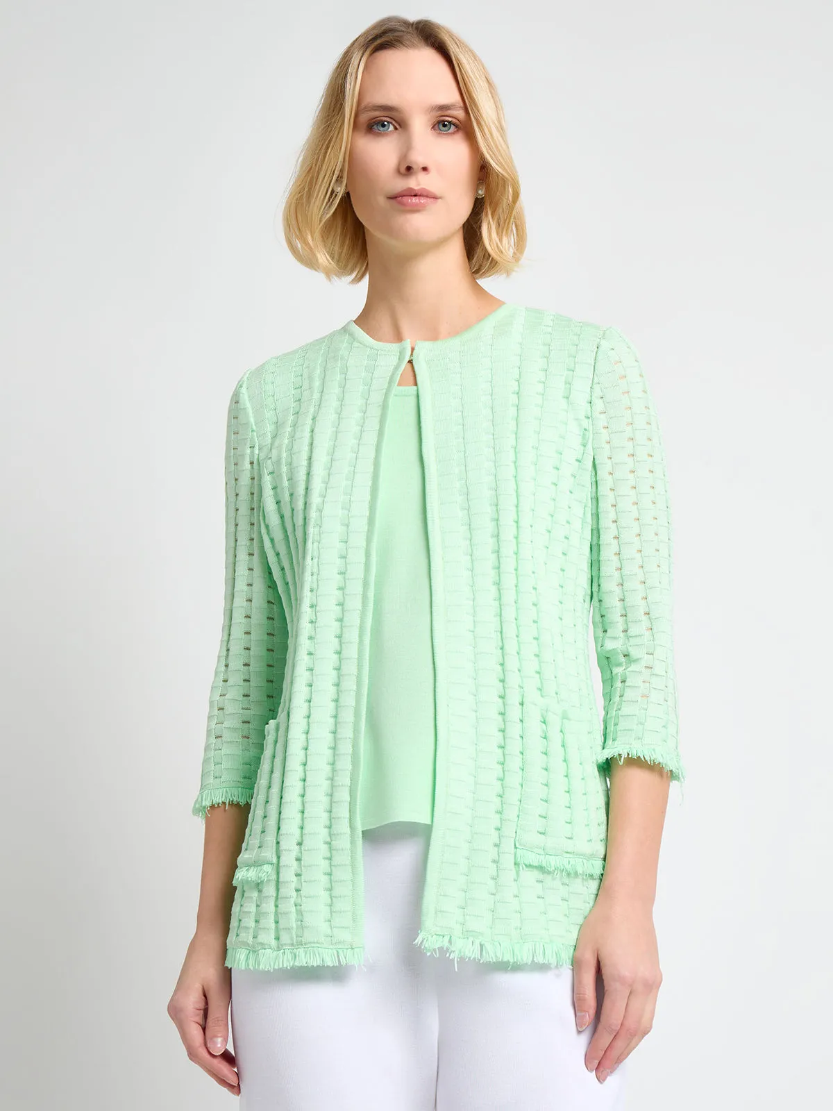 Heritage Fringe Trim Tonal Burnout Knit Jacket - True Fit Easy Comfort