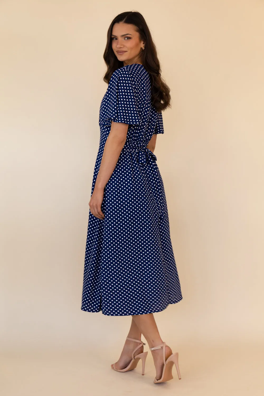 Clean Drape AdjustableStraps Navy & White Polka Dot Niko Dress