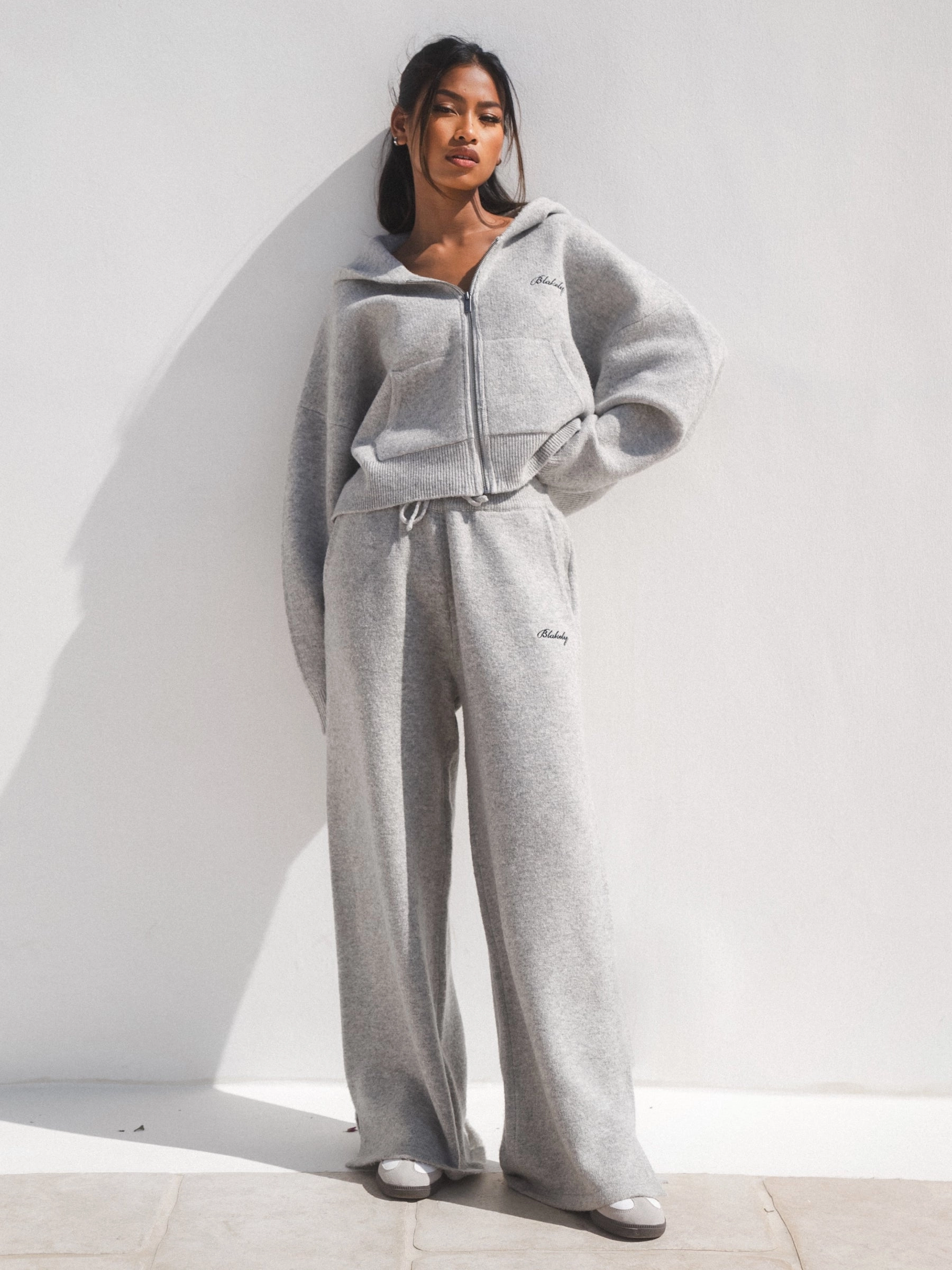 Mesh Comfort Cozy Design Knitted Wide Leg Sweatpants - Marl Grey