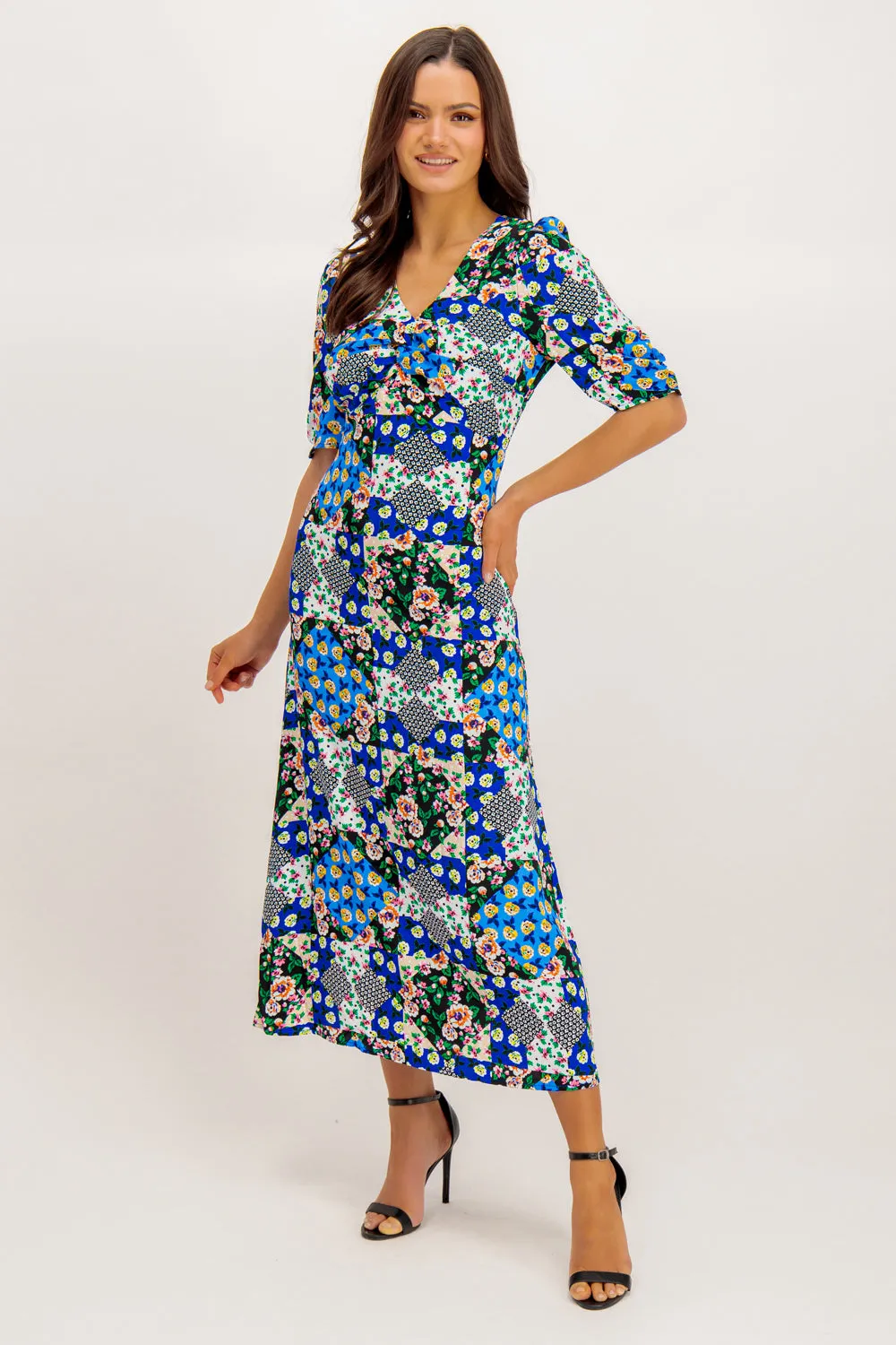 Miri Blue Printed V-Neck Midi Dress Sophisticated and Relaxed