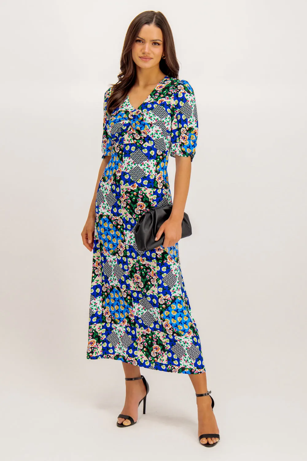Light Touch Flowy summer gown Miri Blue Printed V-Neck Midi Dress