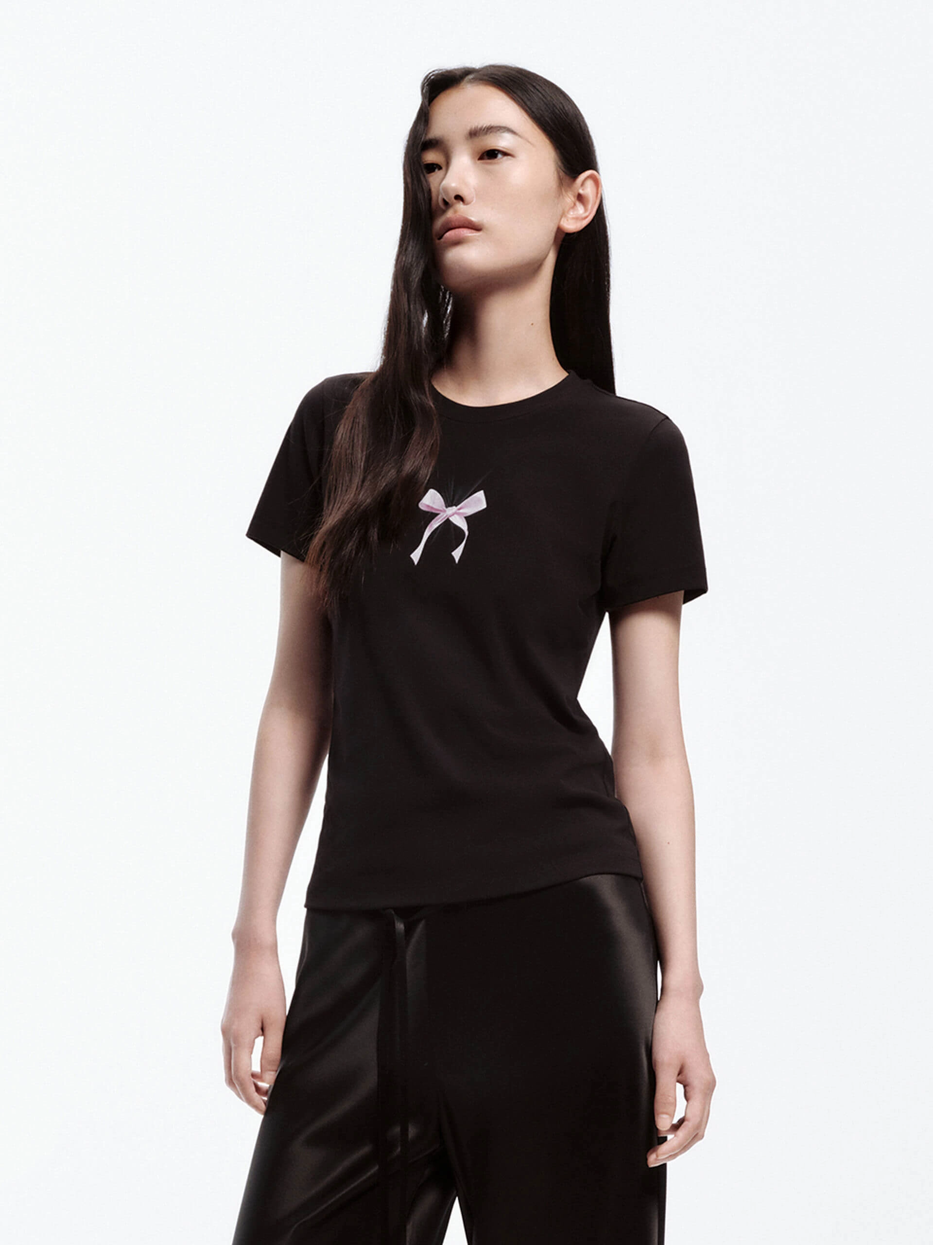 Bow Print Cotton Blend T-shirt Low Profile Stitching Anti Static Fabric