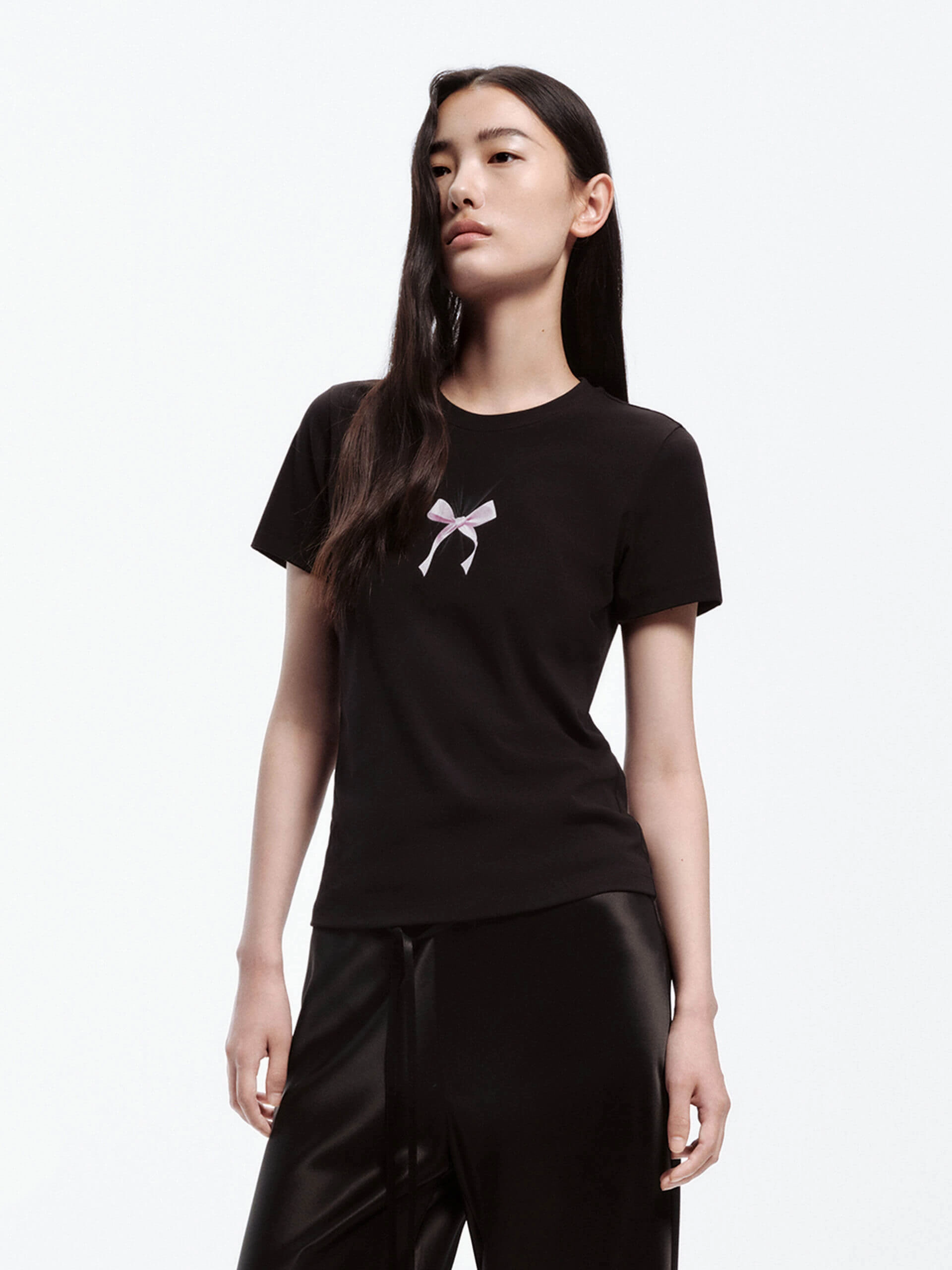 Bow Print Cotton Blend T-shirt Temperature Control Fabric