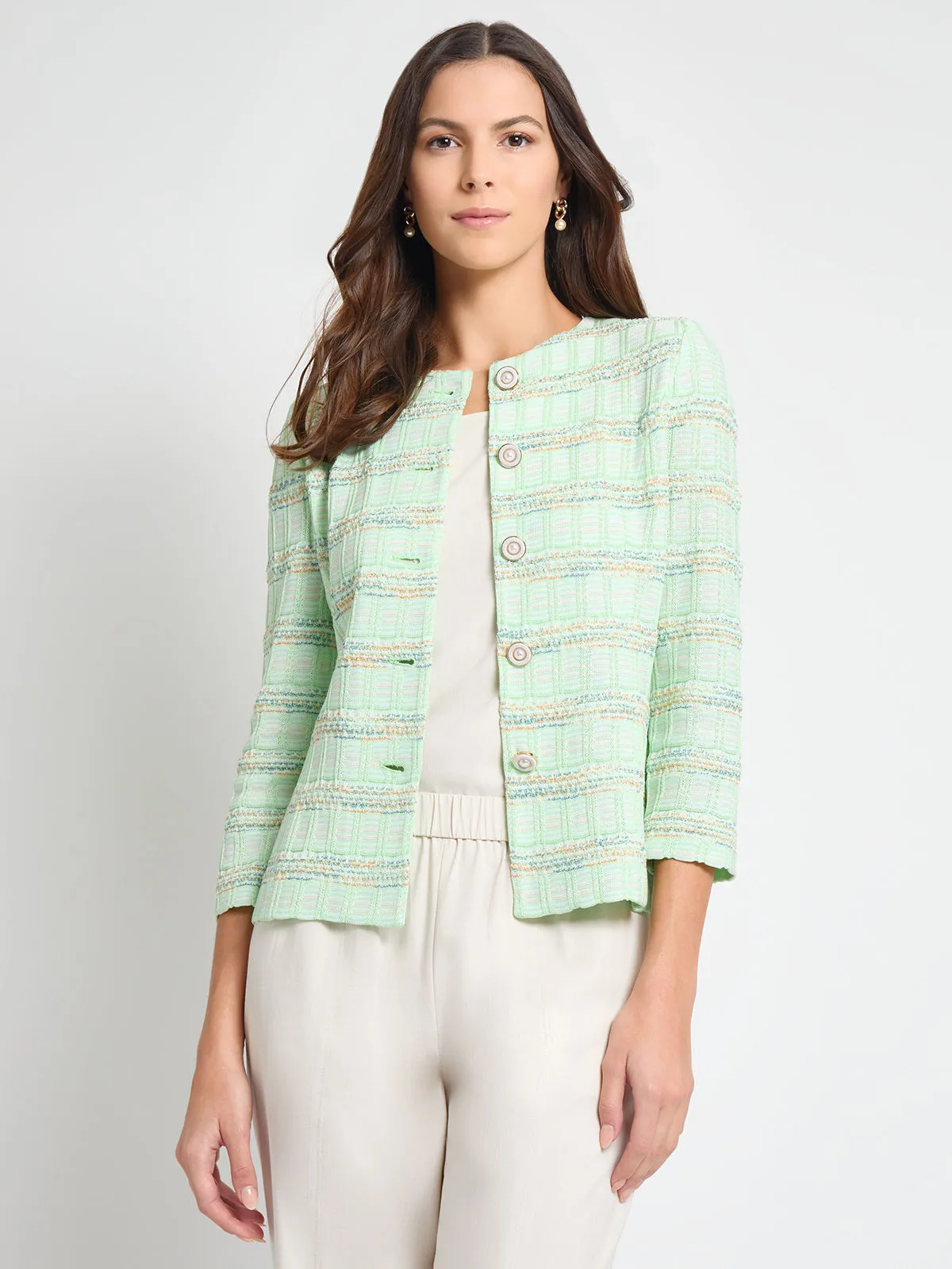 Tailored Soft Plaid Textured Knit Jacket - True Fit Flatlock Seam Construction