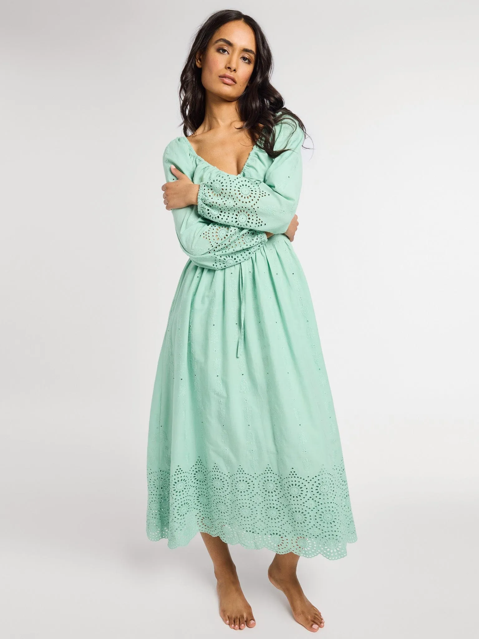 Smart and Polished Juliette Dress in Pistachio Eyelet