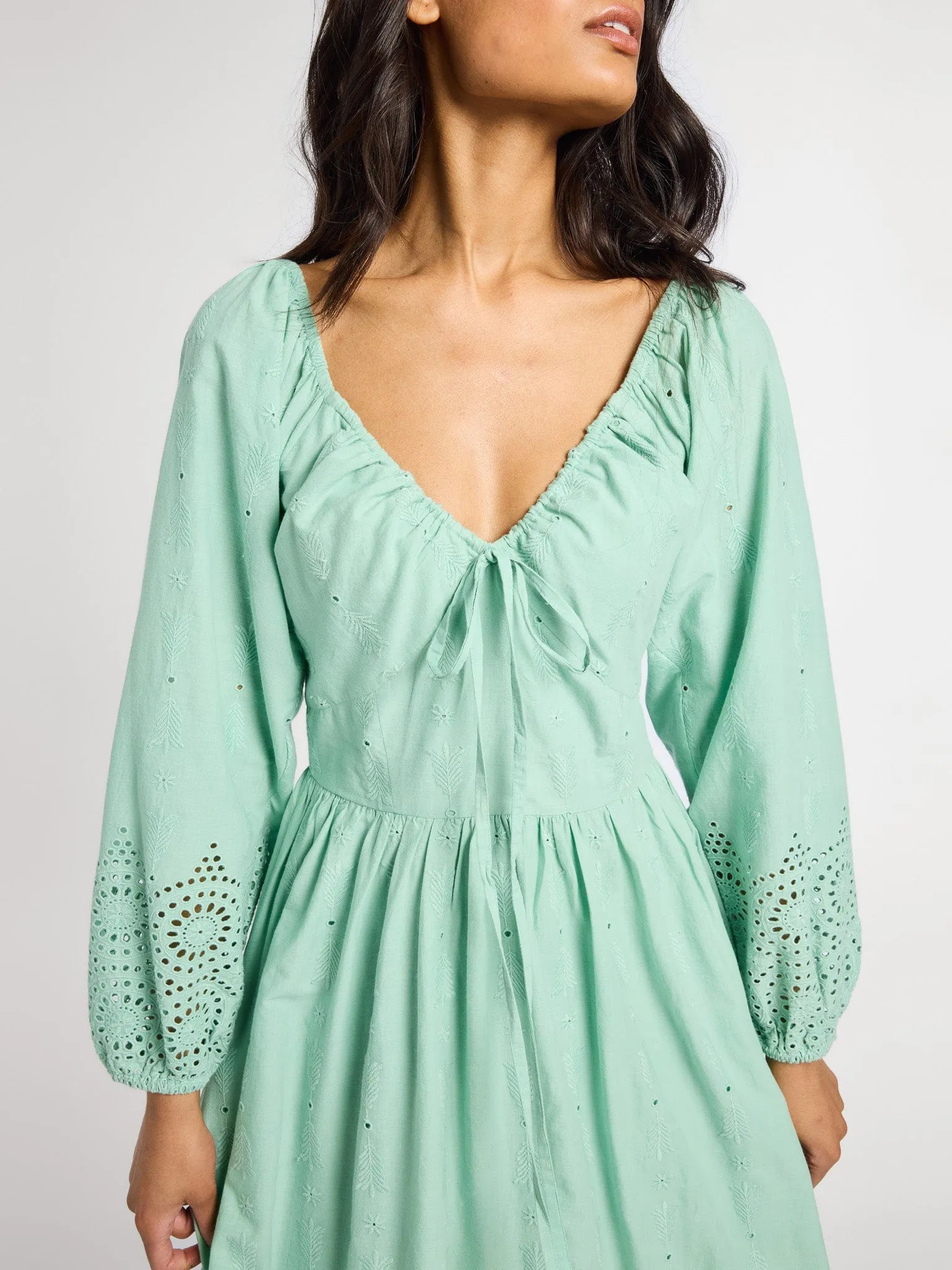 Juliette Dress in Pistachio Eyelet Sleek and Sleek Drawstring-Closure