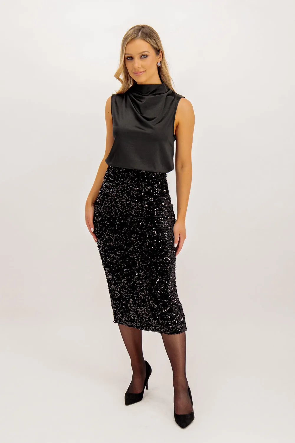 Shape Enhancing Kam Black Sequins High Waisted Midi Skirt