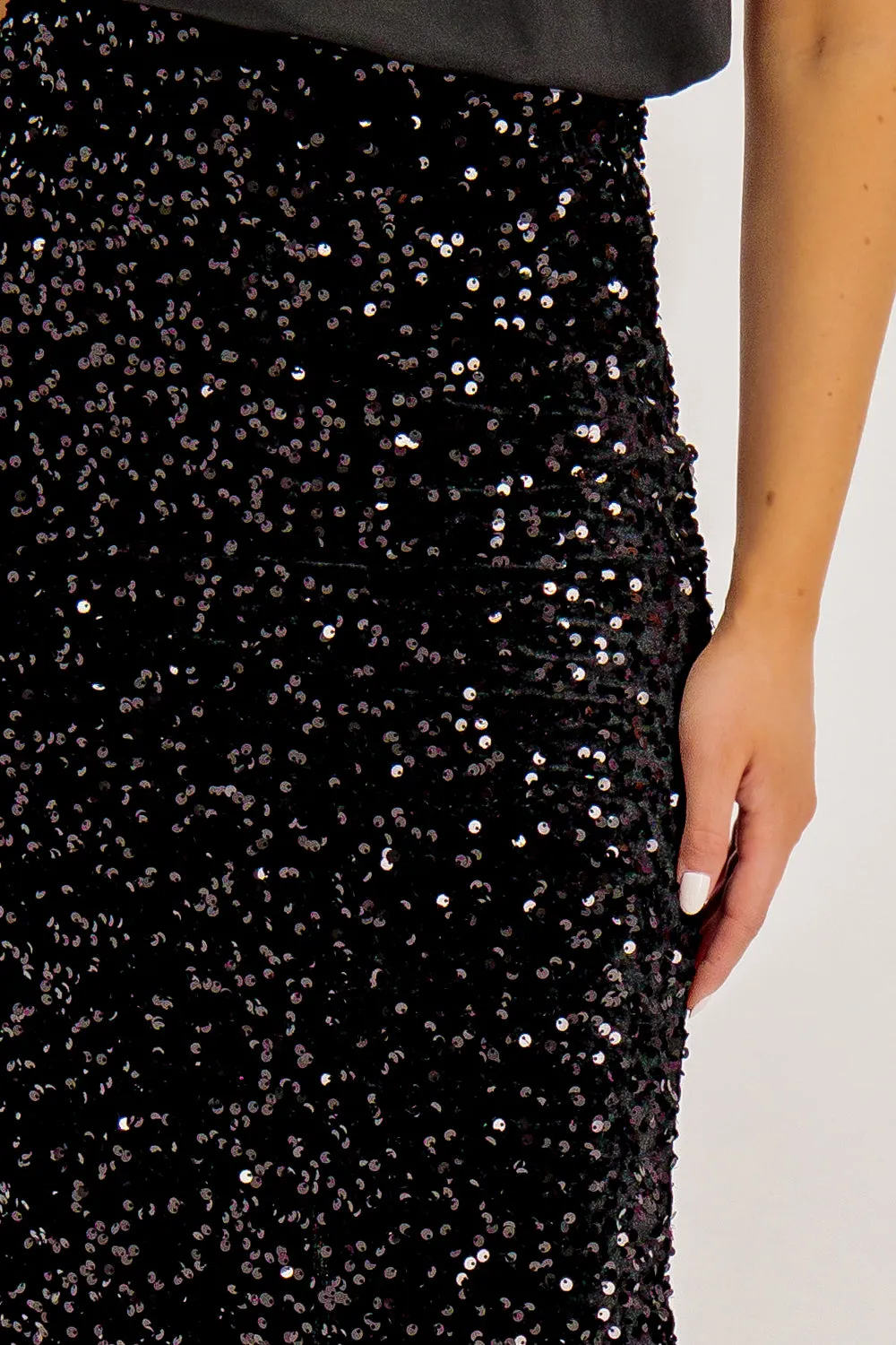 Kam Black Sequins High Waisted Midi Skirt Adjustable Ties Flexible Motion