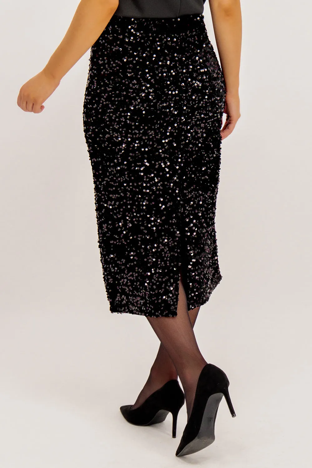 Kam Black Sequins High Waisted Midi Skirt Casual Wear Light Mood