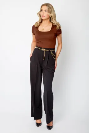 Zip Pocket Knit Crepe High-Rise Pant with Chain-Belt