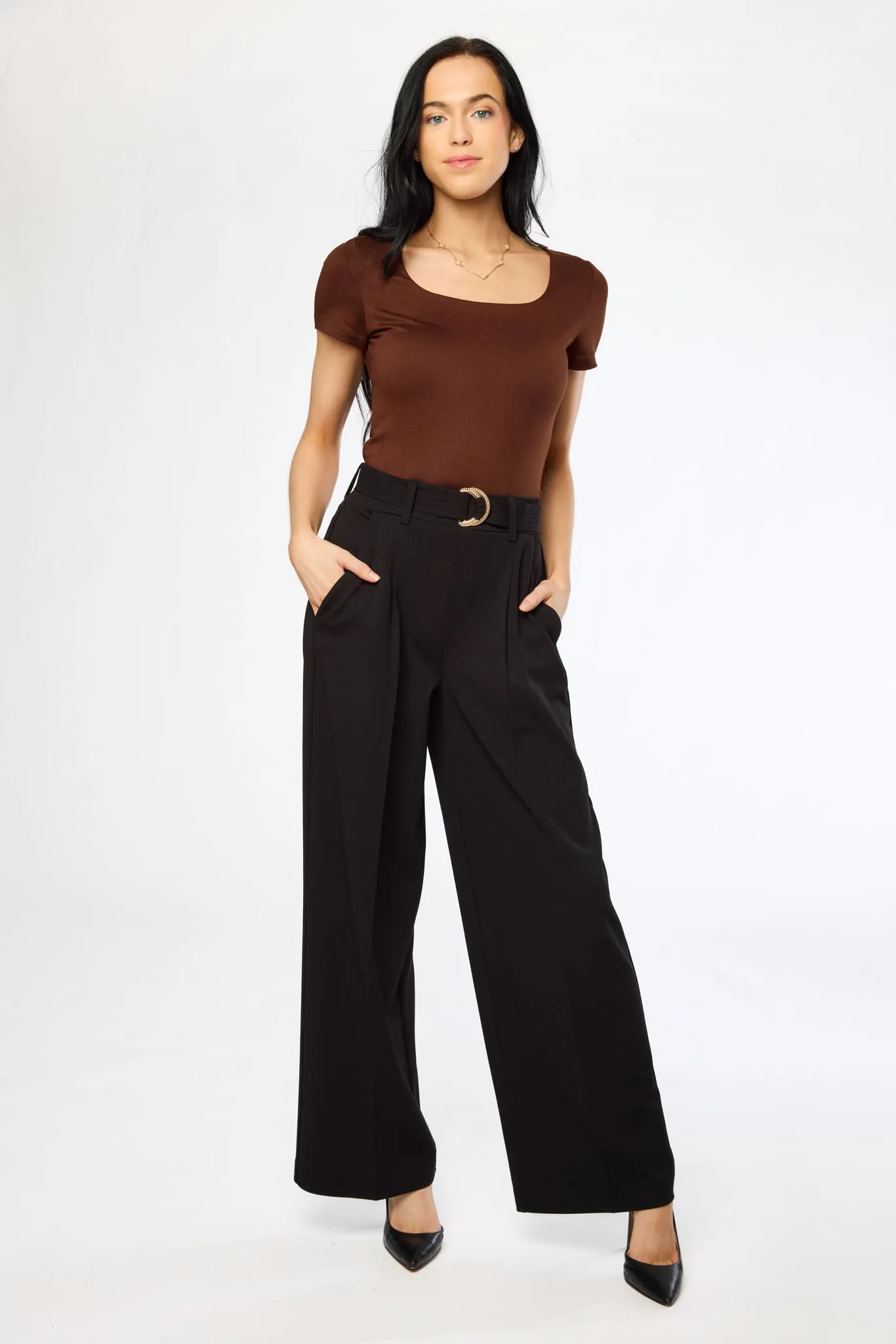 Fresh Fit ElasticWaist Knit Crepe Wide-Leg Pant with D-Ring Belt