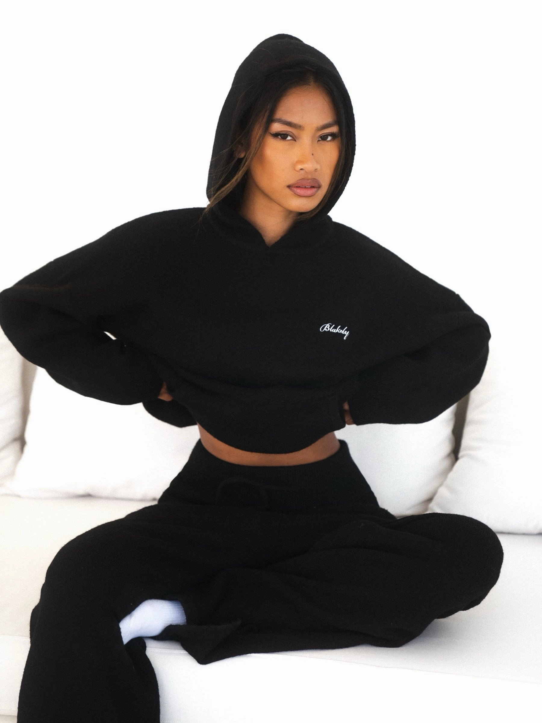 Cuffed hem Knitted Wide Leg Sweatpants - Black