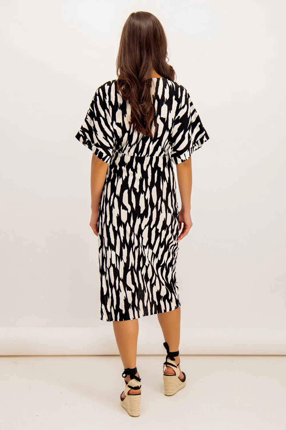 Laya Black & White Printed Midi Dress Fitted waist