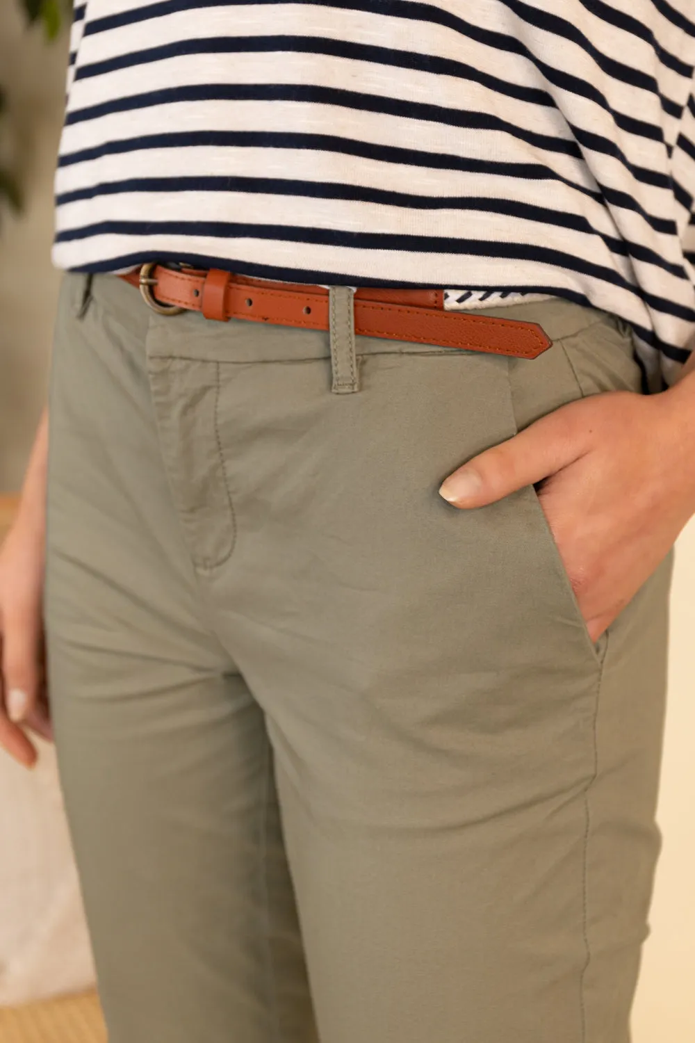 Clean Finish Flexible Design Biana Cotton Aloe Green Belted Chino