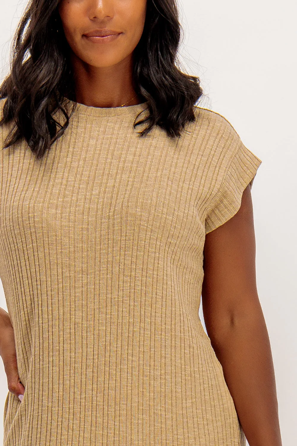 Lena Beige Ribbed Midi Dress Calm Grace Radiant Mood