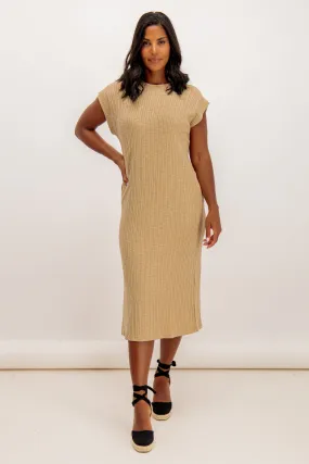 Lena Beige Ribbed Midi Dress Fine Details Office Friendly
