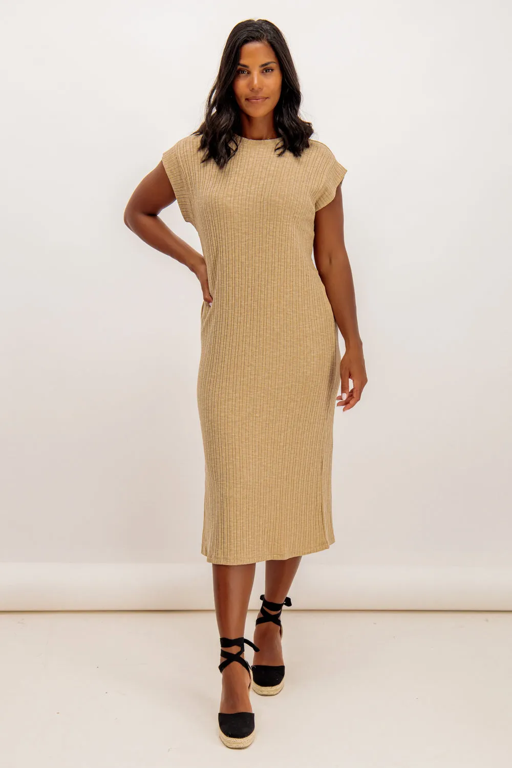 Lena Beige Ribbed Midi Dress Fine Details Office Friendly
