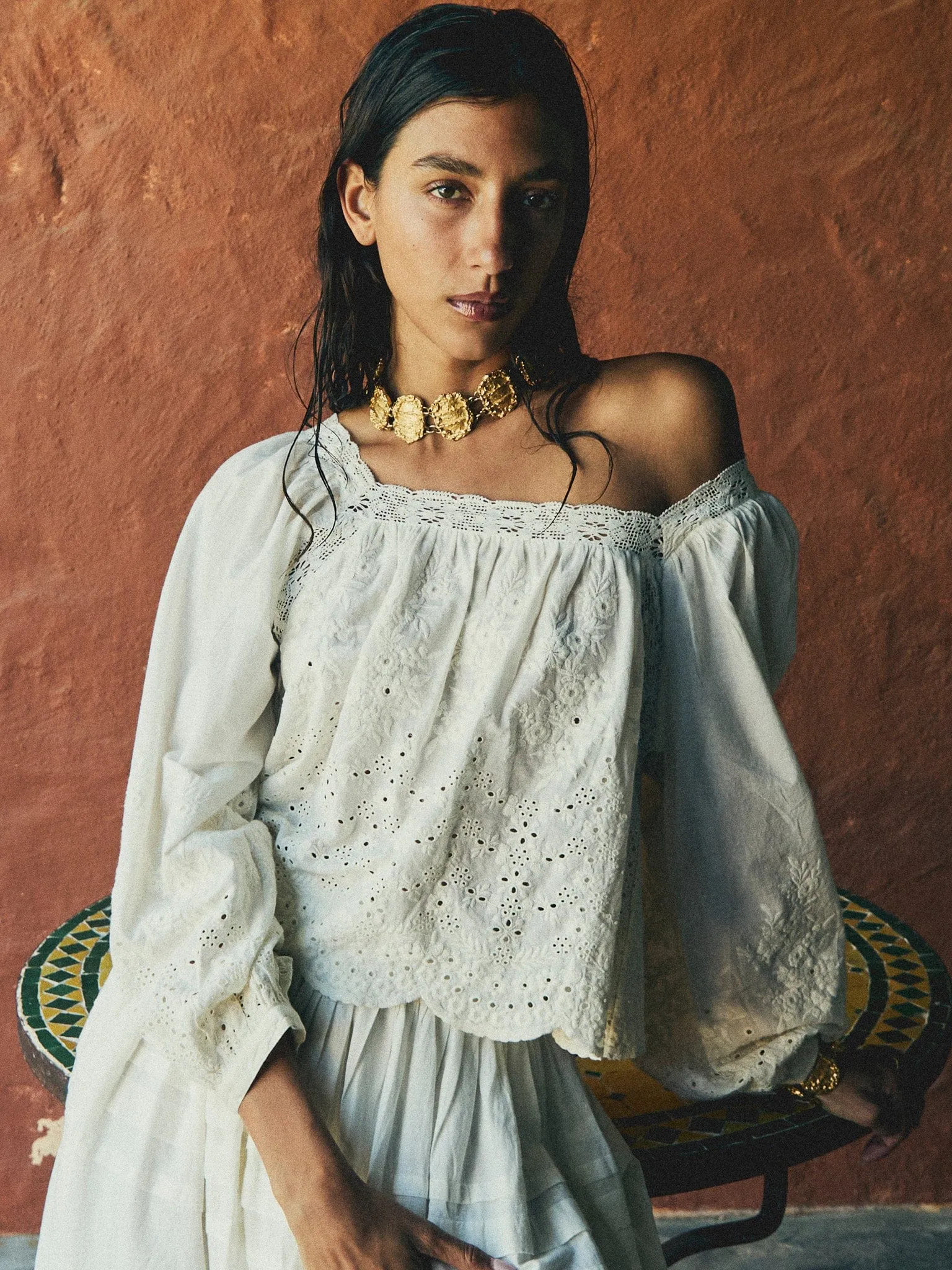 Elasticized Hem Leonie Skirt in White Eyelet