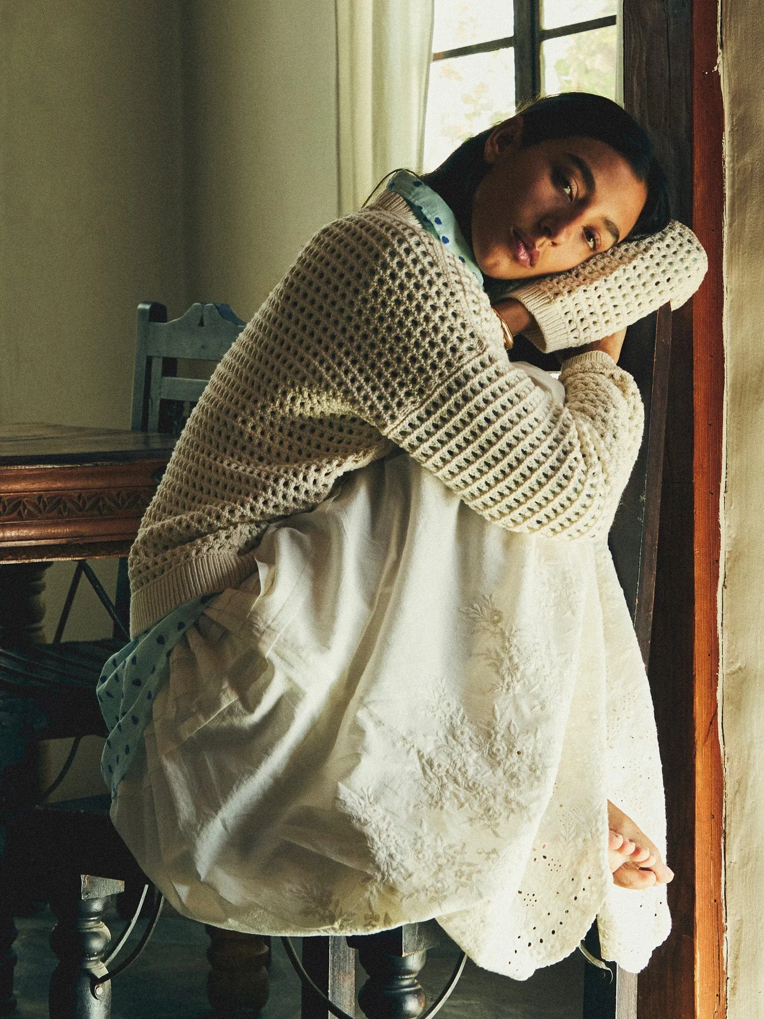 Transitional Wear Twist Knot Details Leonie Skirt in White Eyelet