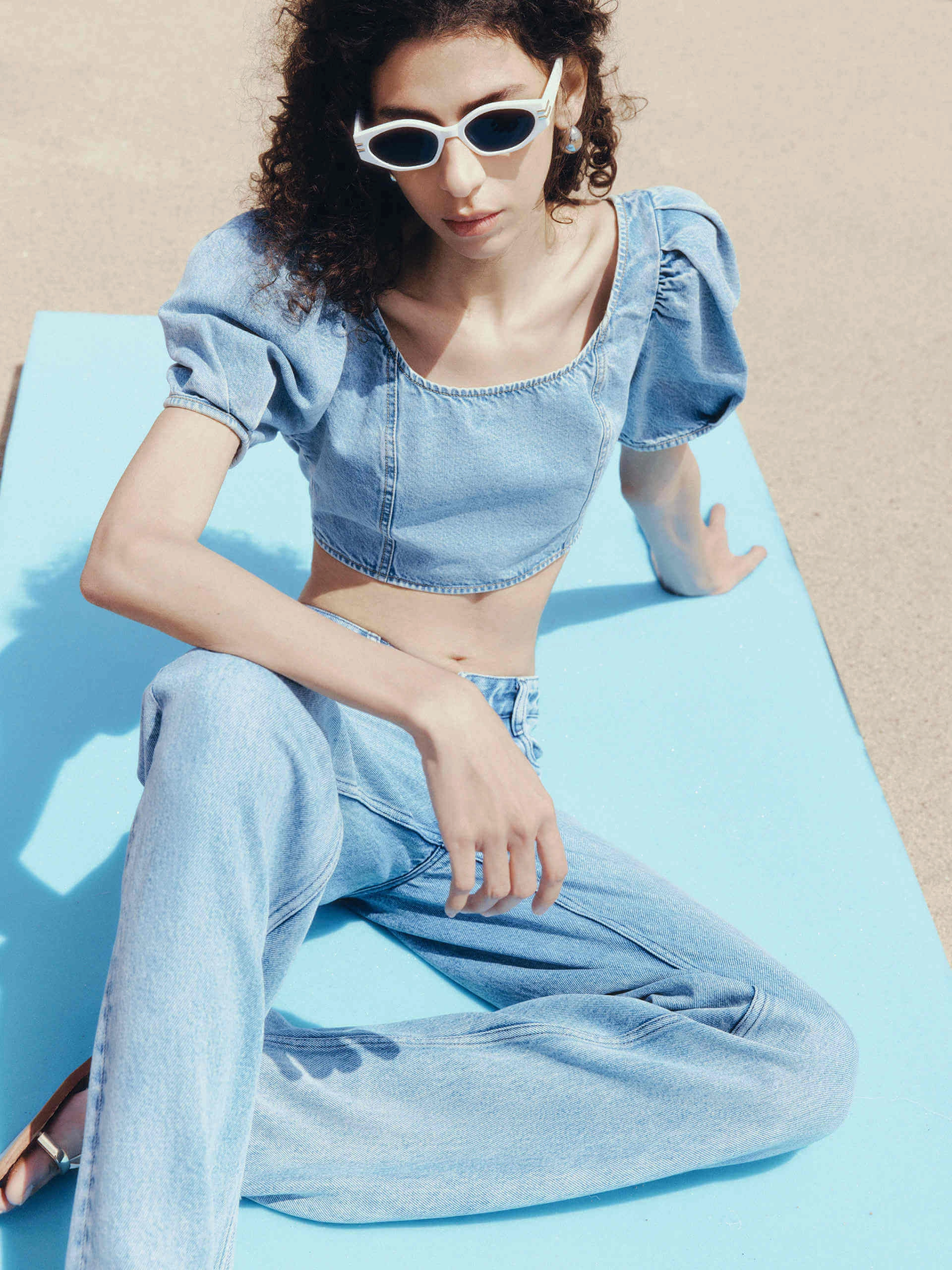 Puff Sleeves Denim Top Anti Odor Technology