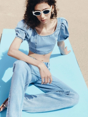 Rapid Evaporation Tech Airflow Ventilation Puff Sleeves Denim Top
