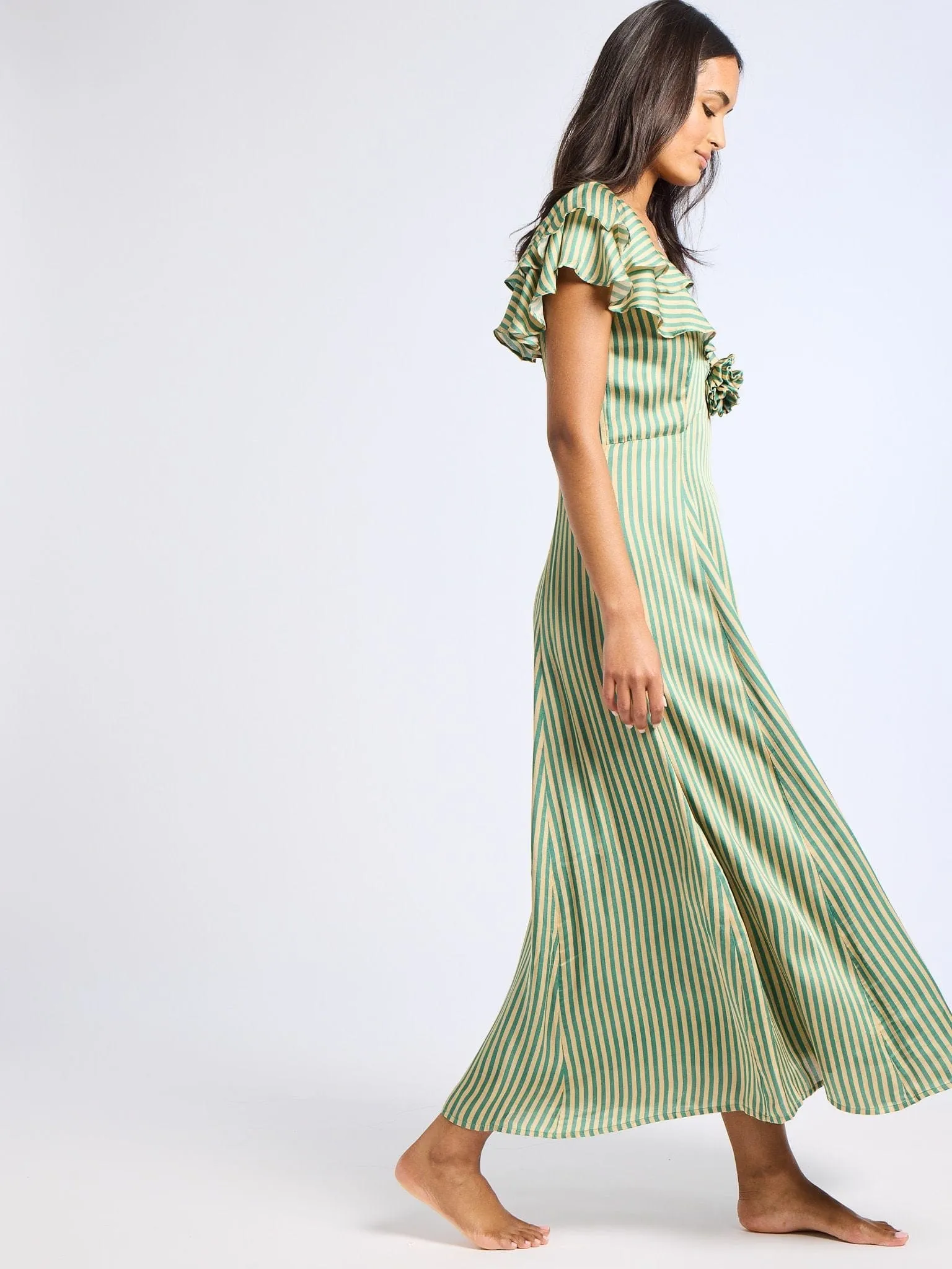 Lucie Dress in Almond & Green Stripe Daily Wear High Waist
