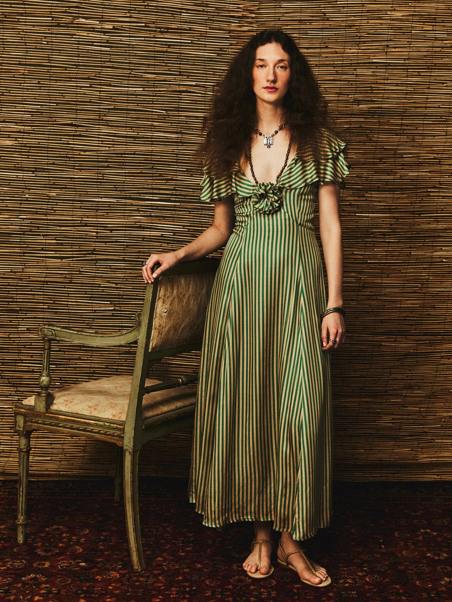 Lucie Dress in Almond & Green Stripe Spring Style