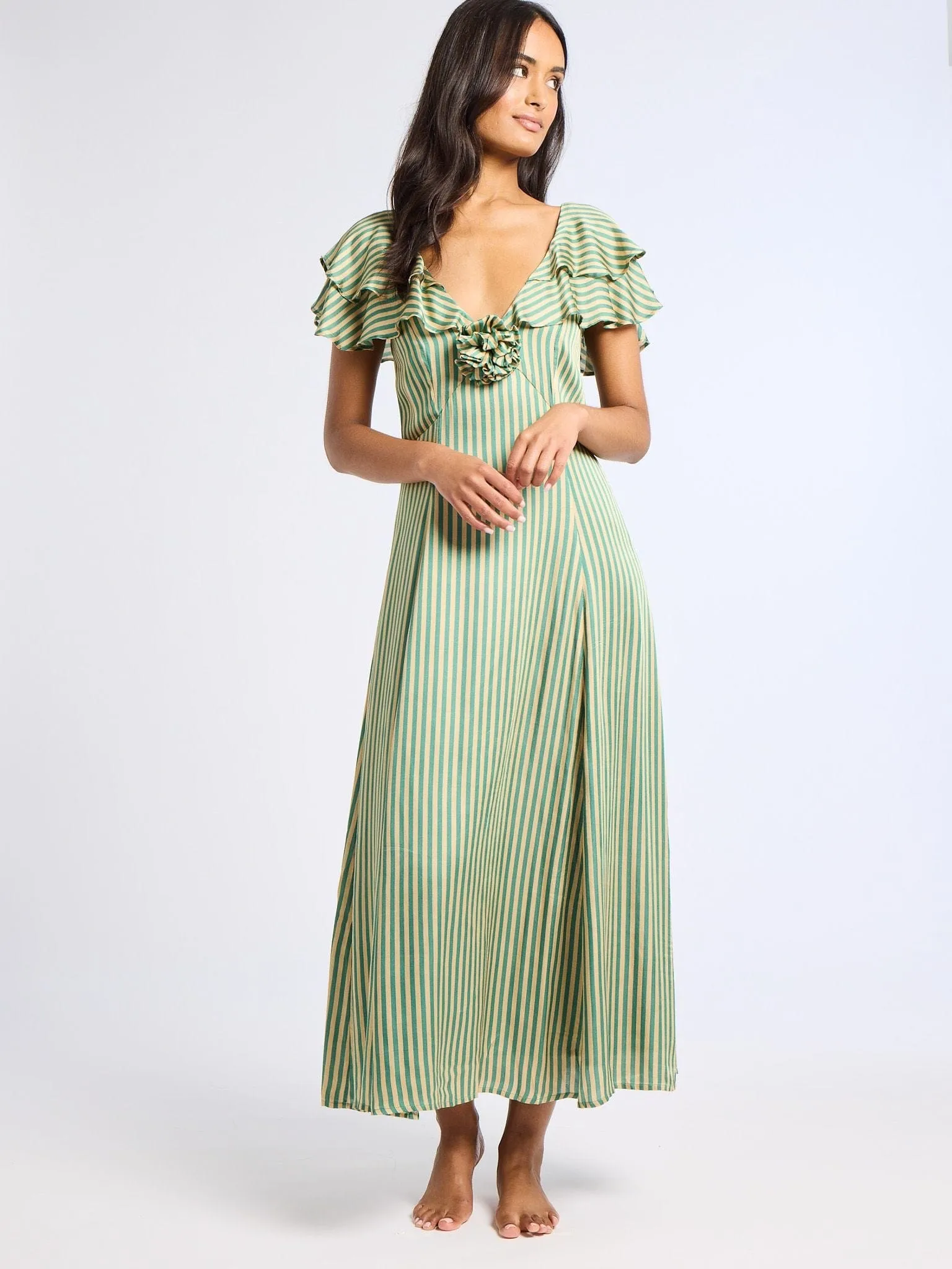 Lucie Dress in Almond & Green Stripe Easy Drape everyday staple