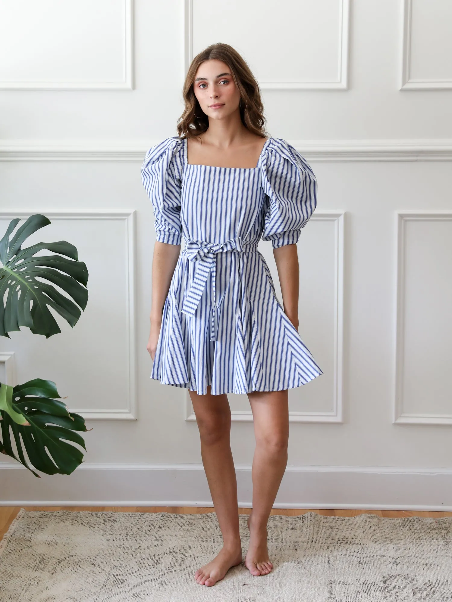 boho vibe Metallic Finish Anais Dress in Blue Stripe