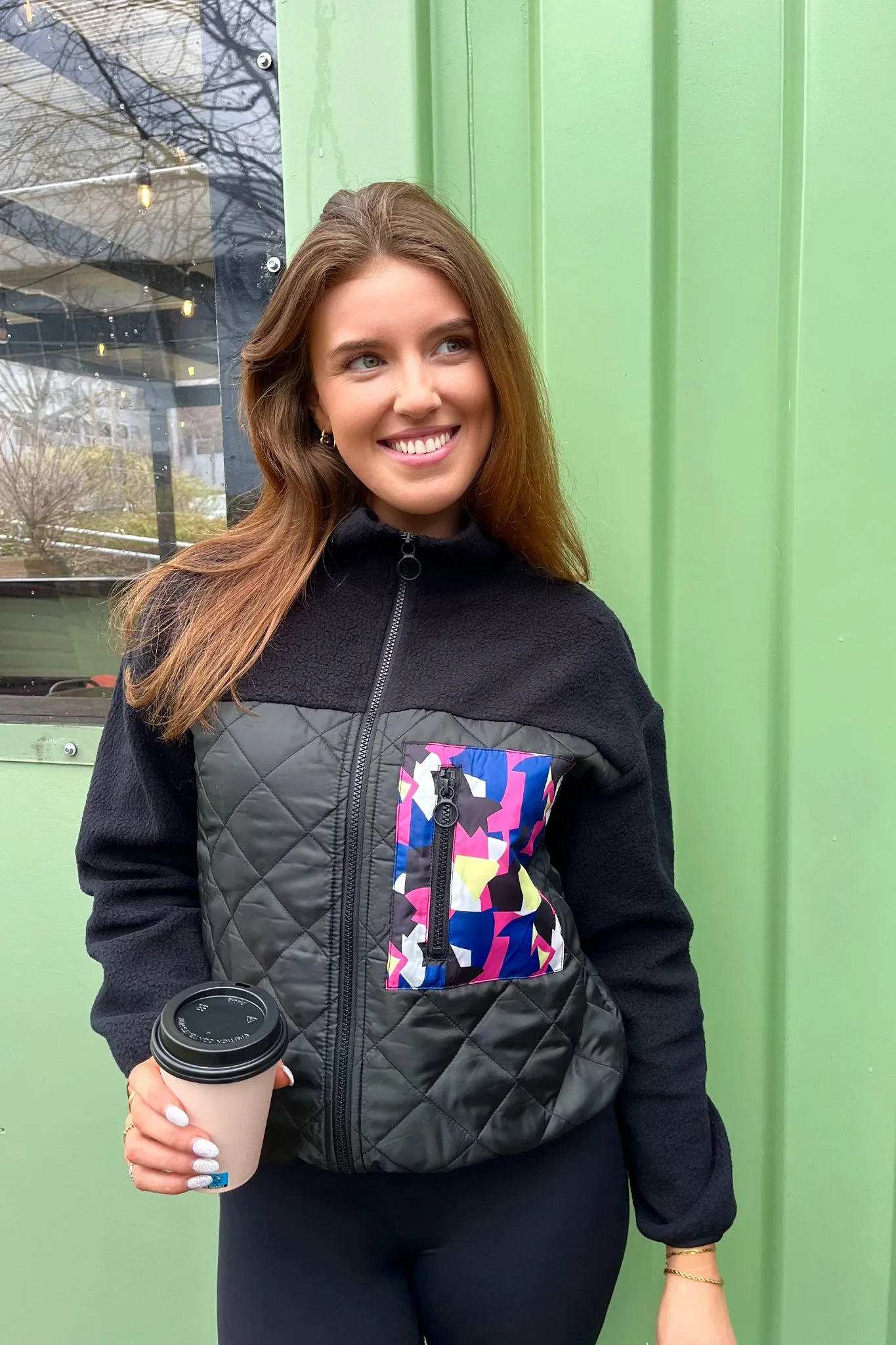Lindsey Black Graphic Pocket Fleece Jacket NonRestrictive Movement Design Hypoallergenic Padding