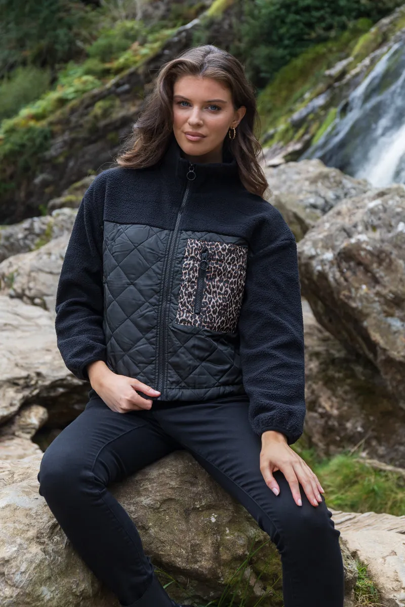 Snap Closure System Lindsey Black Leopard Pocket Fleece Jacket