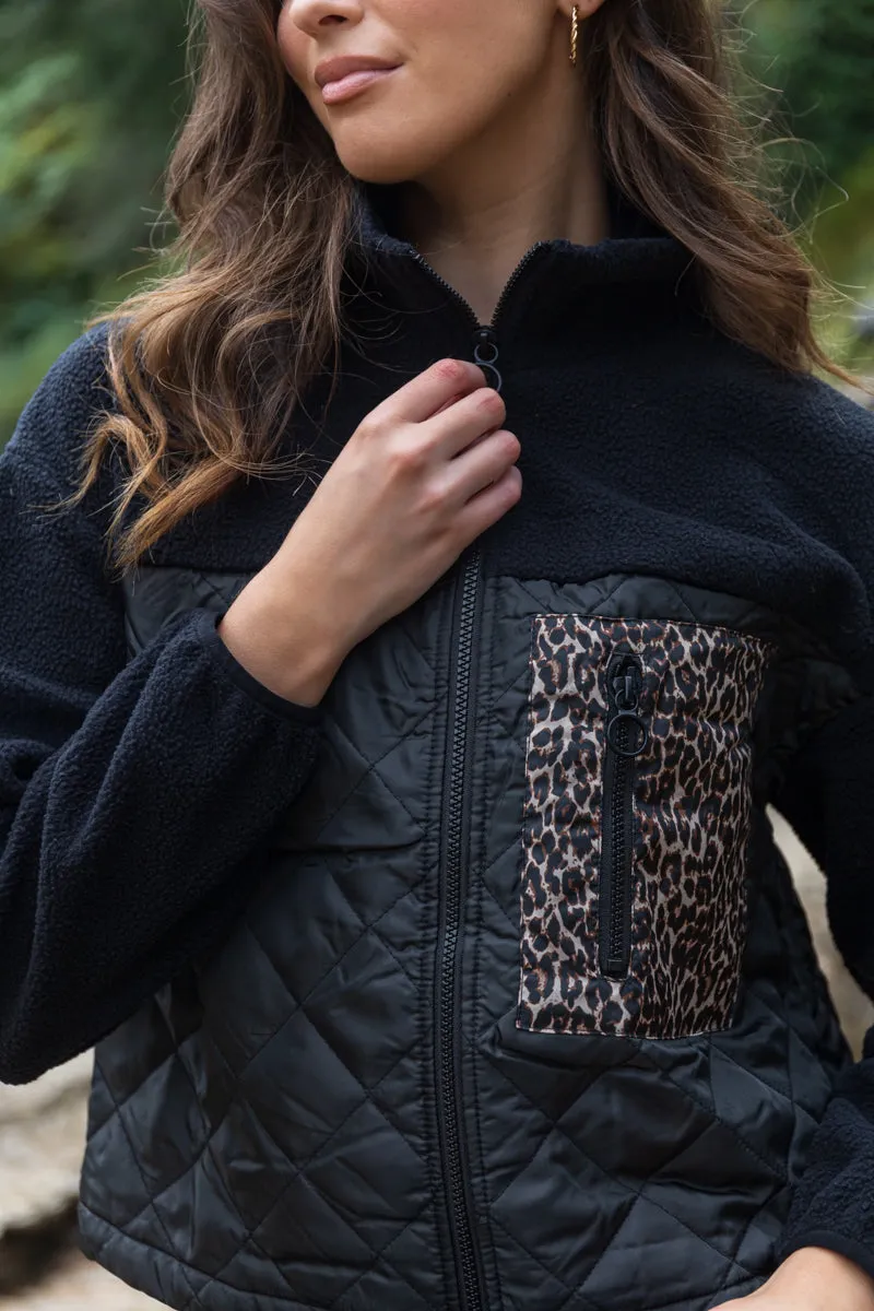 Wind Stop HoodedStyle Lindsey Black Leopard Pocket Fleece Jacket