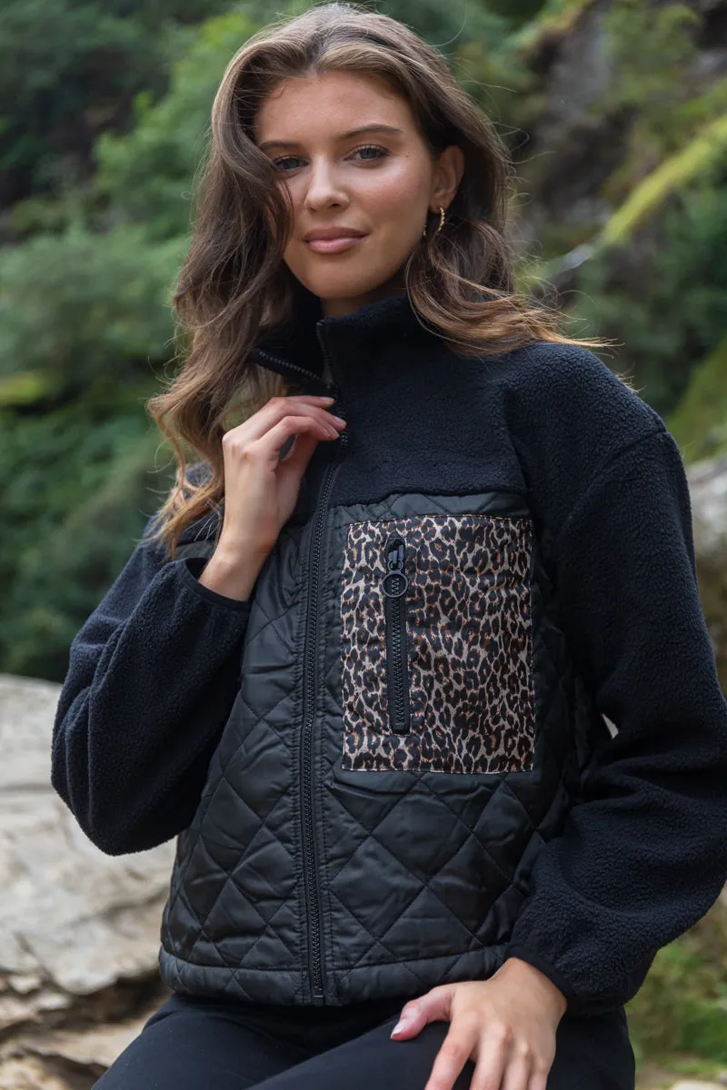Classic Urban Wear Cold Resist Lindsey Black Leopard Pocket Fleece Jacket