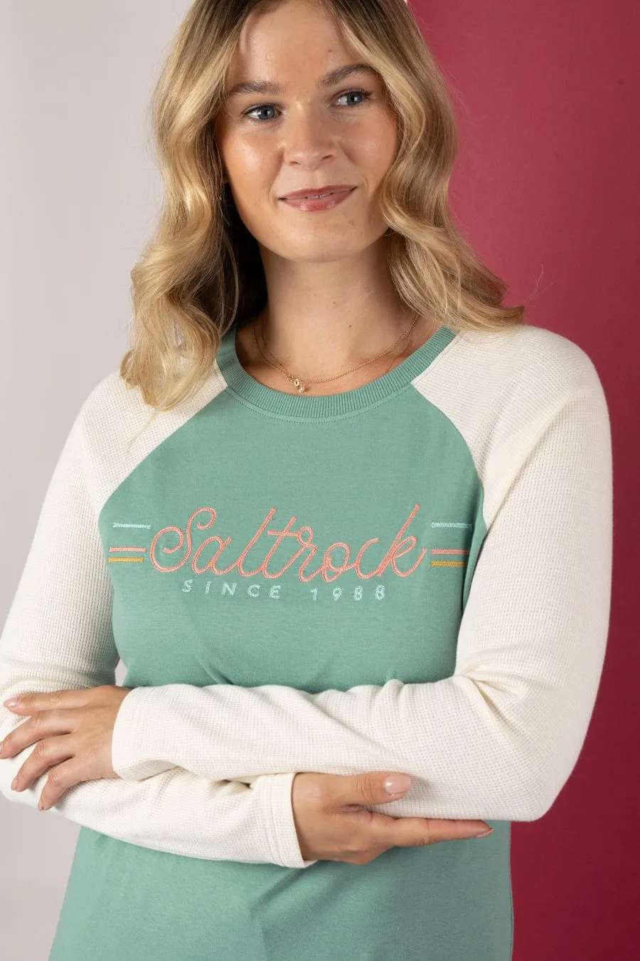 Boat Neck Links Waffle - Womens Raglan Long Sleeve T-Shirt - Blue/Cream