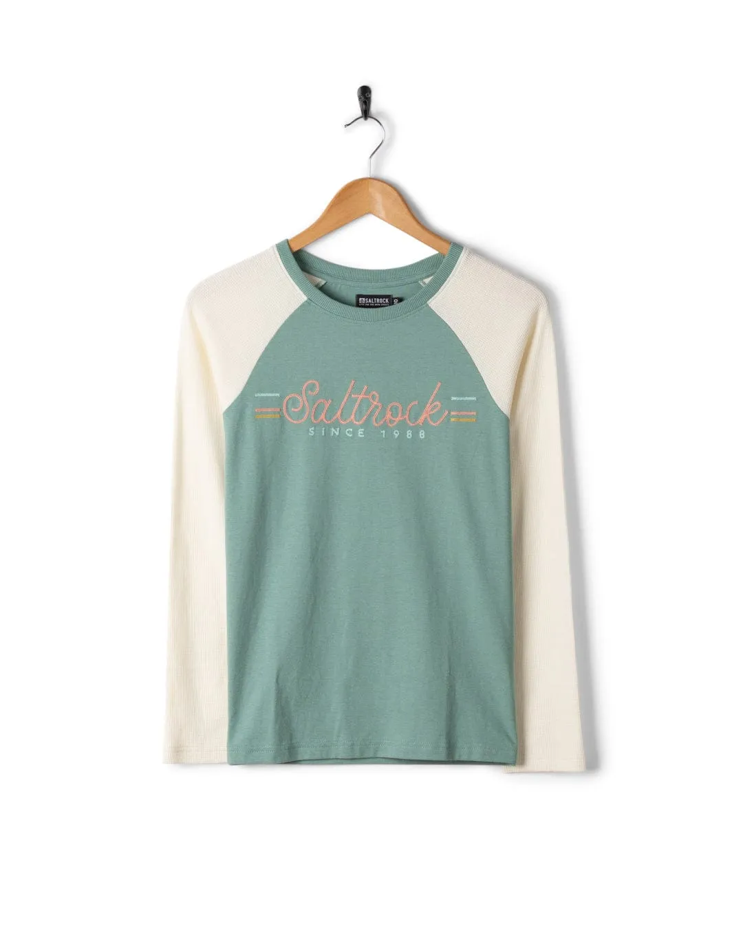 Links Waffle - Womens Raglan Long Sleeve T-Shirt - Blue/Cream Relaxed Flex Cozy Design Fit