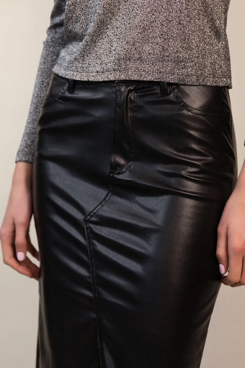 Sheer Overlay Lola Black Long Faux Leather Skirt