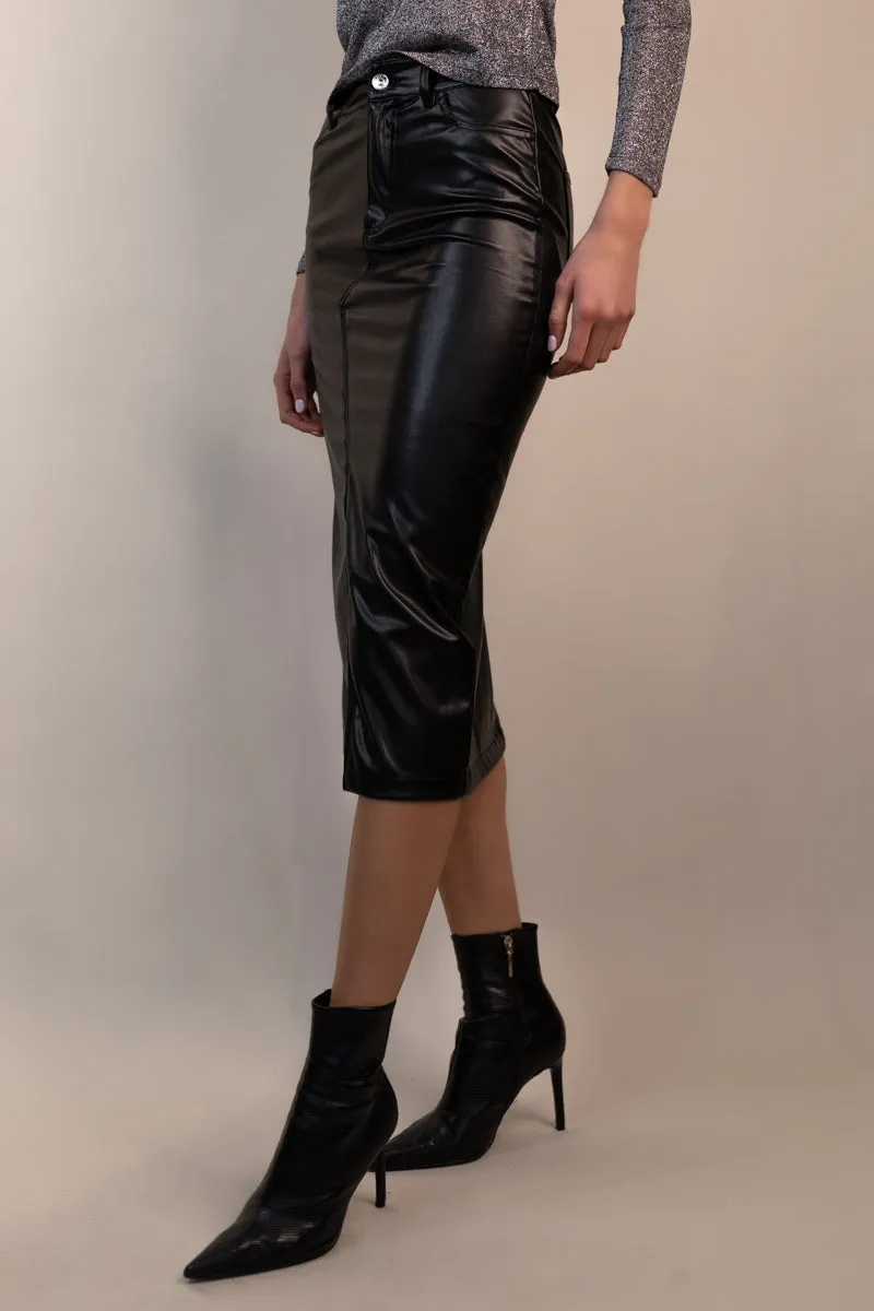 Lola Black Long Faux Leather Skirt Ventilated Panels