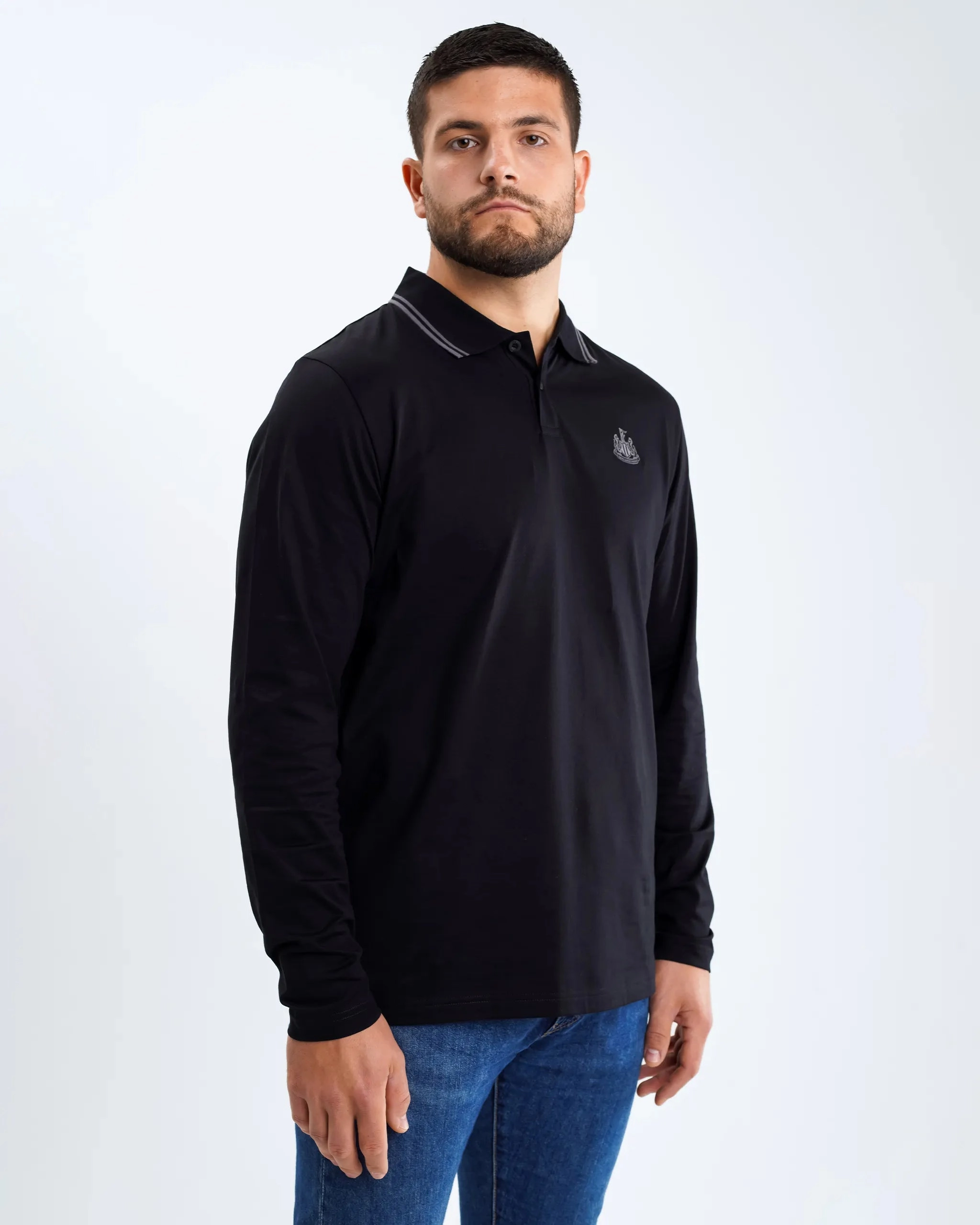 Newcastle United Men's Black Label Long Sleeve Polo Shirt Cozy Fit Relaxed Layer