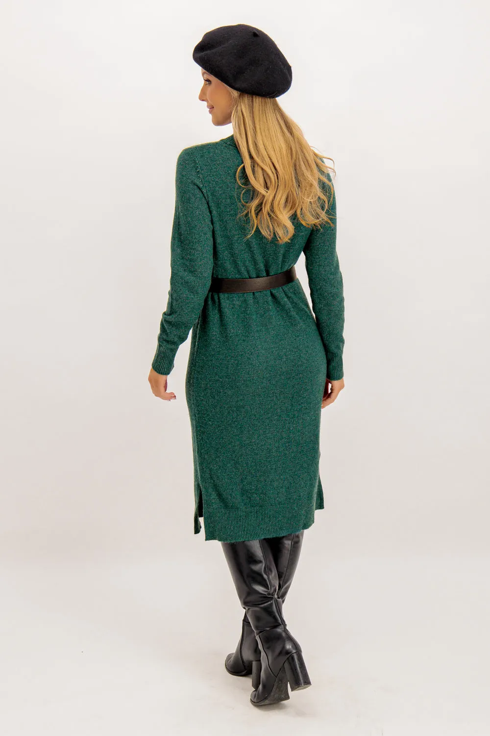 Viril Crew Neck Pine Green Knit Dress Flowing Design