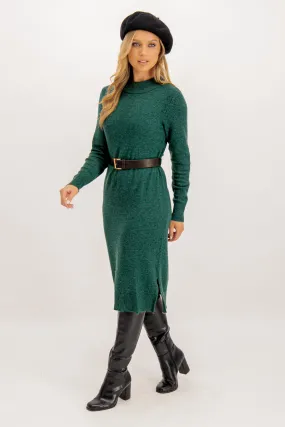 Viril Crew Neck Pine Green Knit Dress Edge Shape Refined Cut