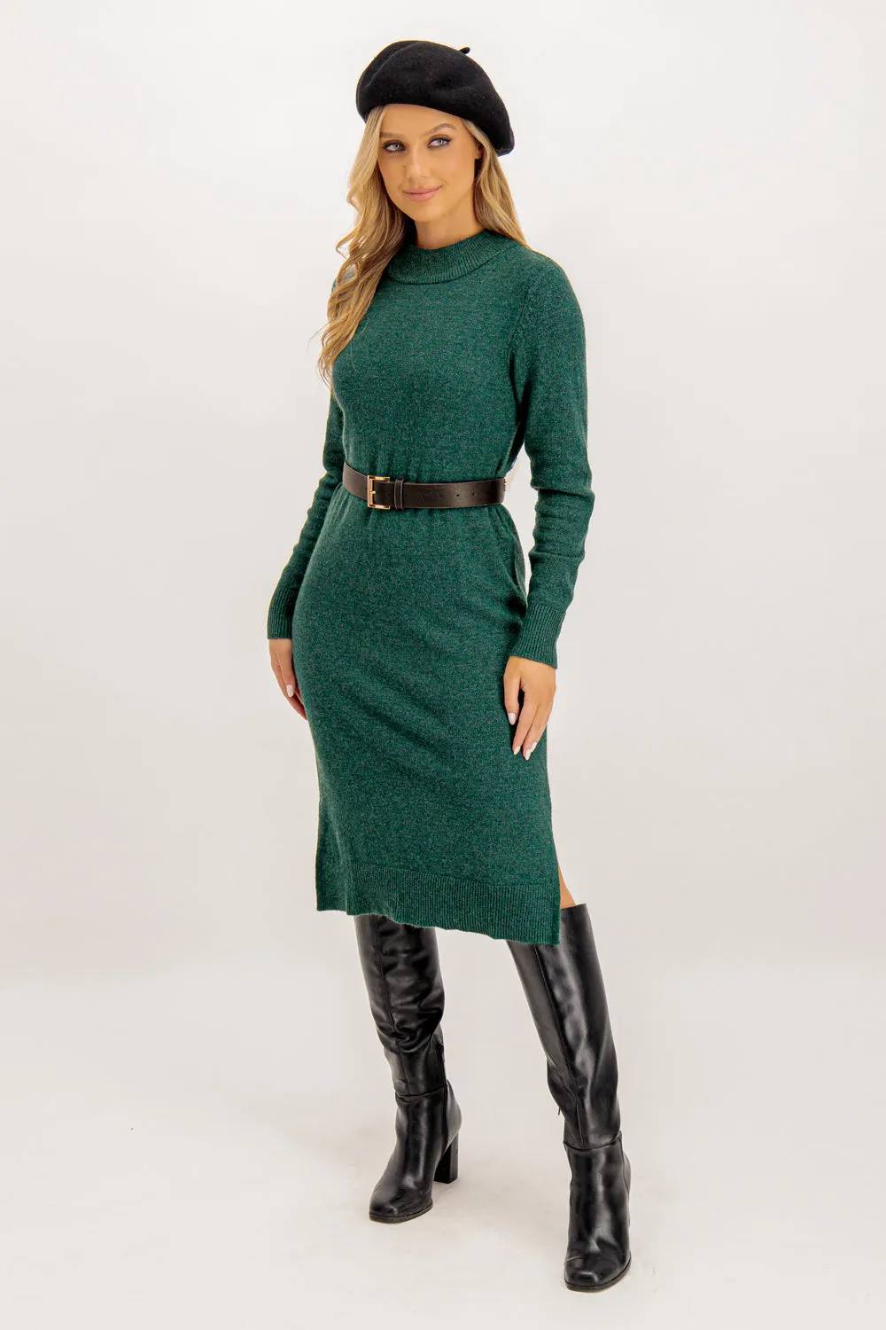 Viril Crew Neck Pine Green Knit Dress Comfortable office piece Draped Silhouette
