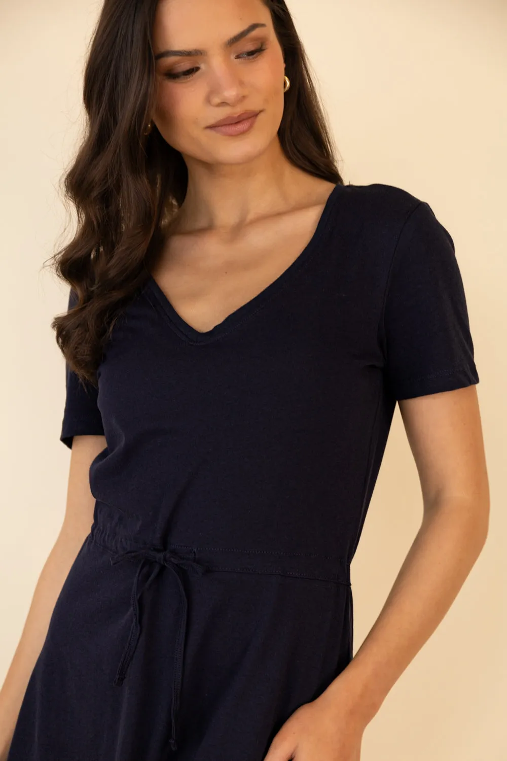 May Navy V-Neck Tie Waist Dress Flowing Layers Natural Texture