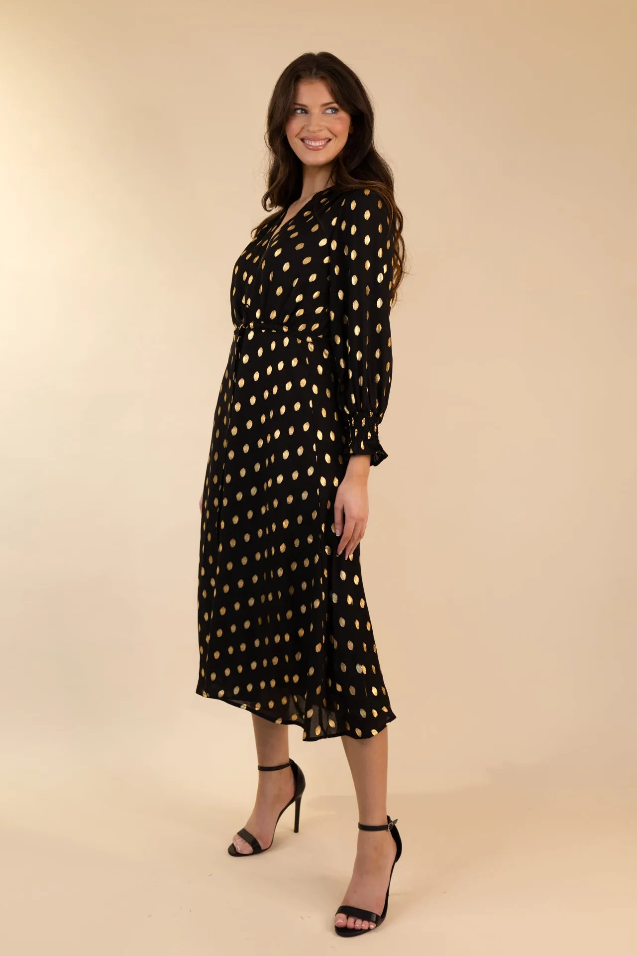 Megan Chiffon Black & Gold Print Dress Soft Balance