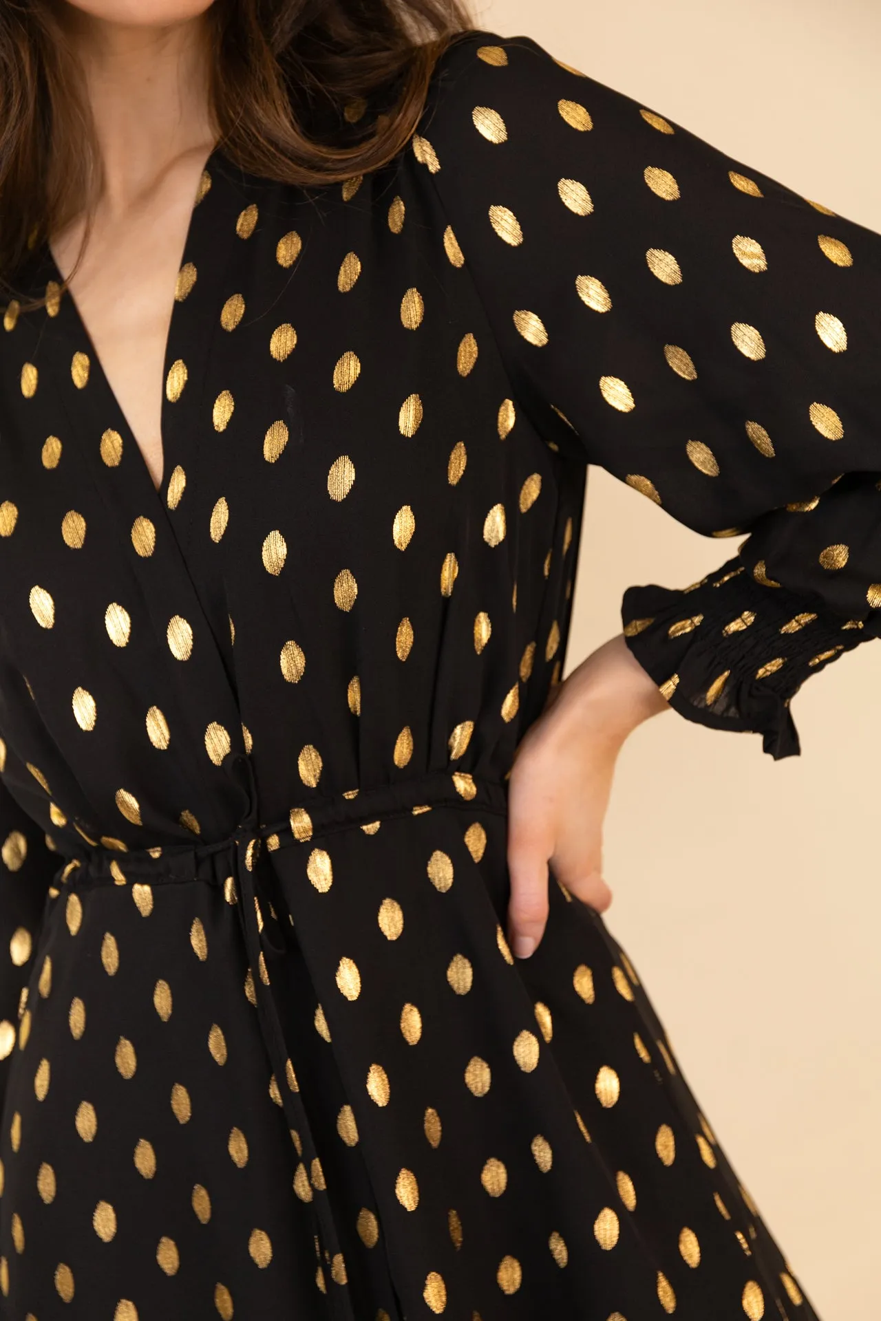 Cozy Drape Megan Chiffon Black & Gold Print Dress