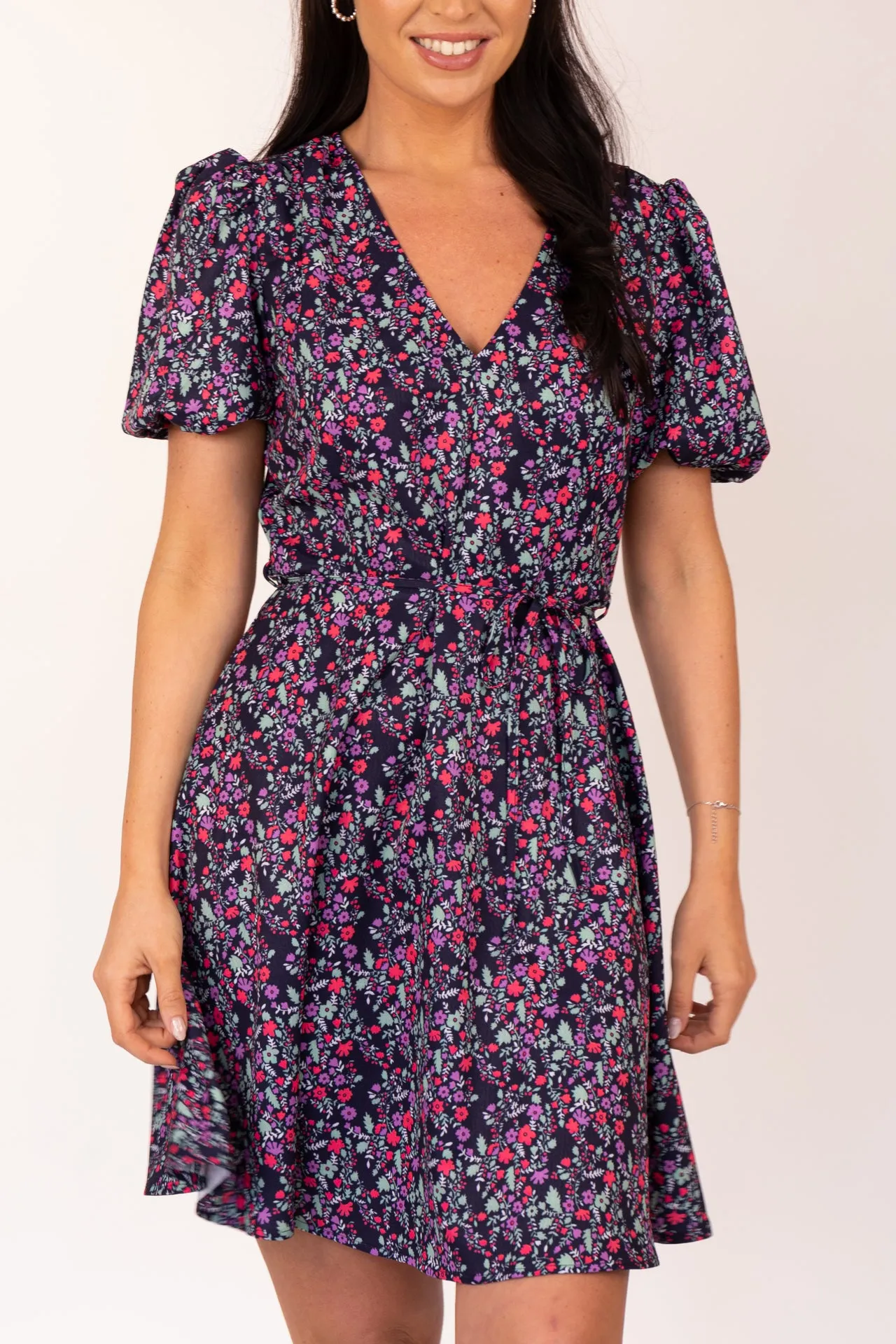 Michelle Navy & Pink Floral Ditsy Print Dress Shiny Zip Subtle Charm