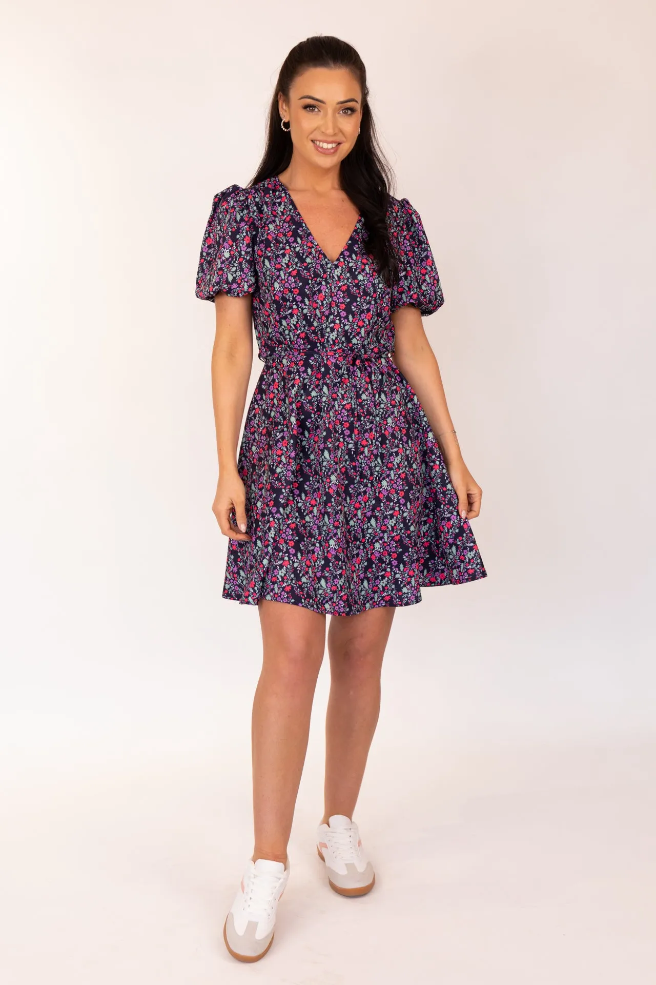 Michelle Navy & Pink Floral Ditsy Print Dress Subtle Finish