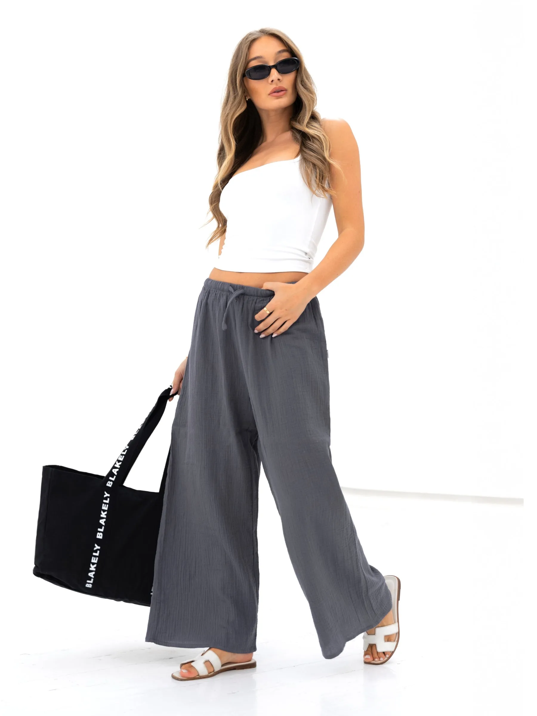 Mila Wide Leg Trousers - Charcoal Sporty Look Road Trip Casual Friday Home Comfort
