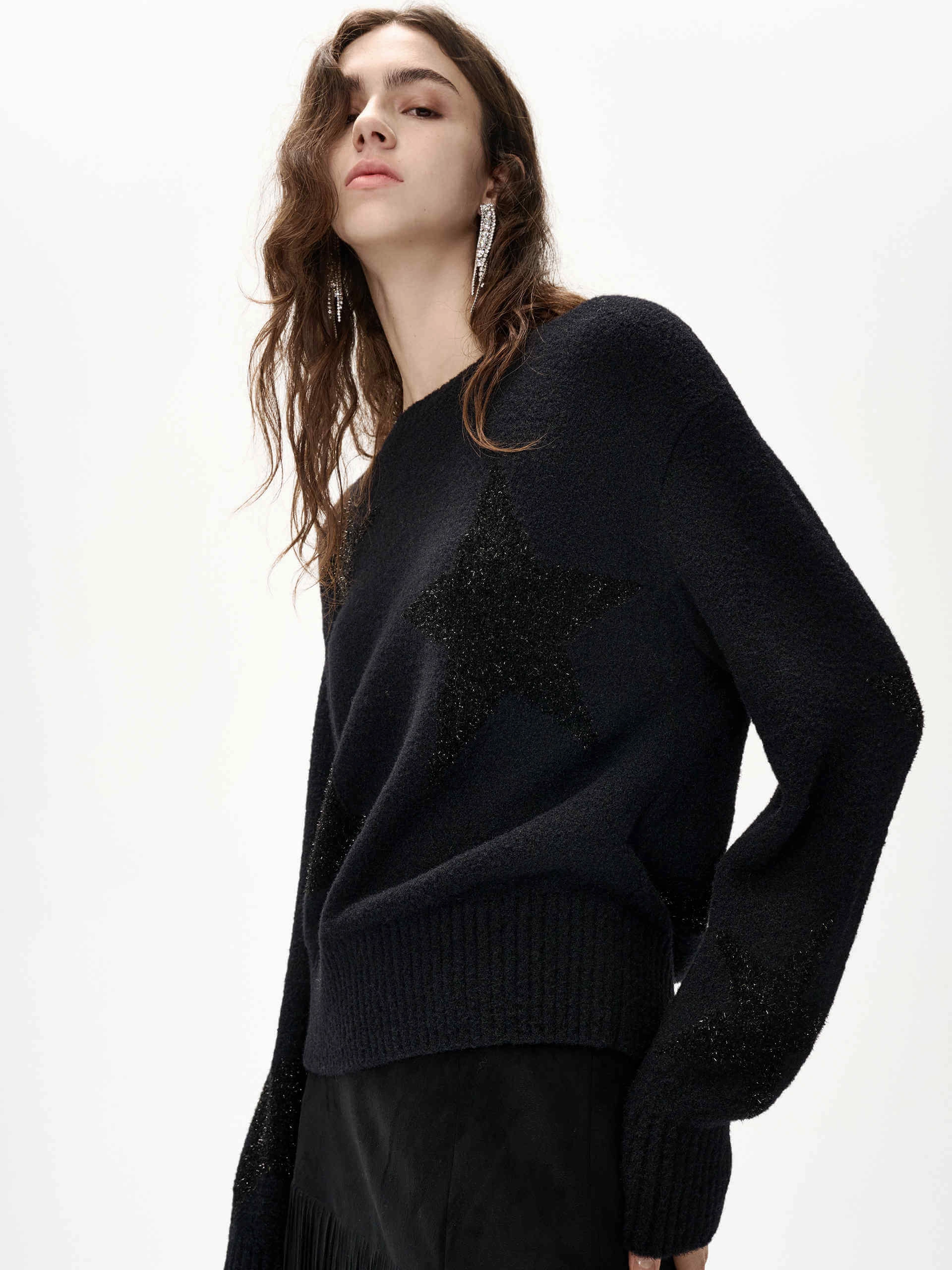 Micro Channel Ventilation Four Way Stretch Fabric Star Pattern Loose Sweater