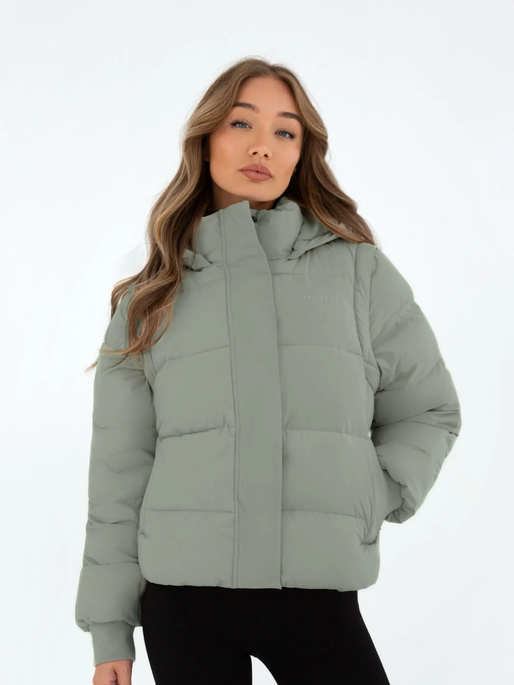 Stretchable Waistband Light Reflective Zippers Multiway Puffer Coat 2 - Sage Green